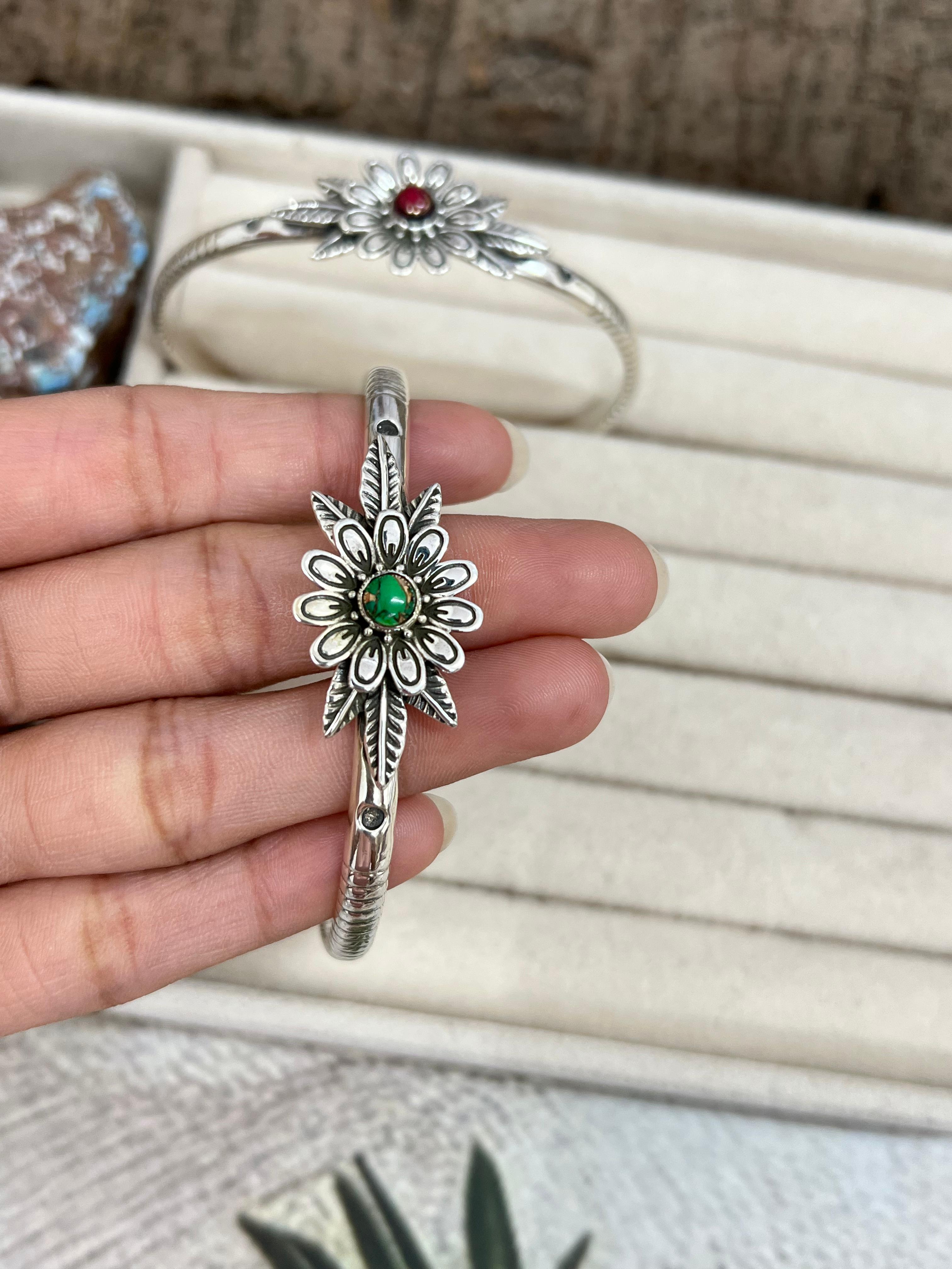 Handmade Sterling Silver Peacock Dahlia, Cotton Candy Turquoise, Dahlia Rose Cuff Bracelet with Signed Nizhoni (4)