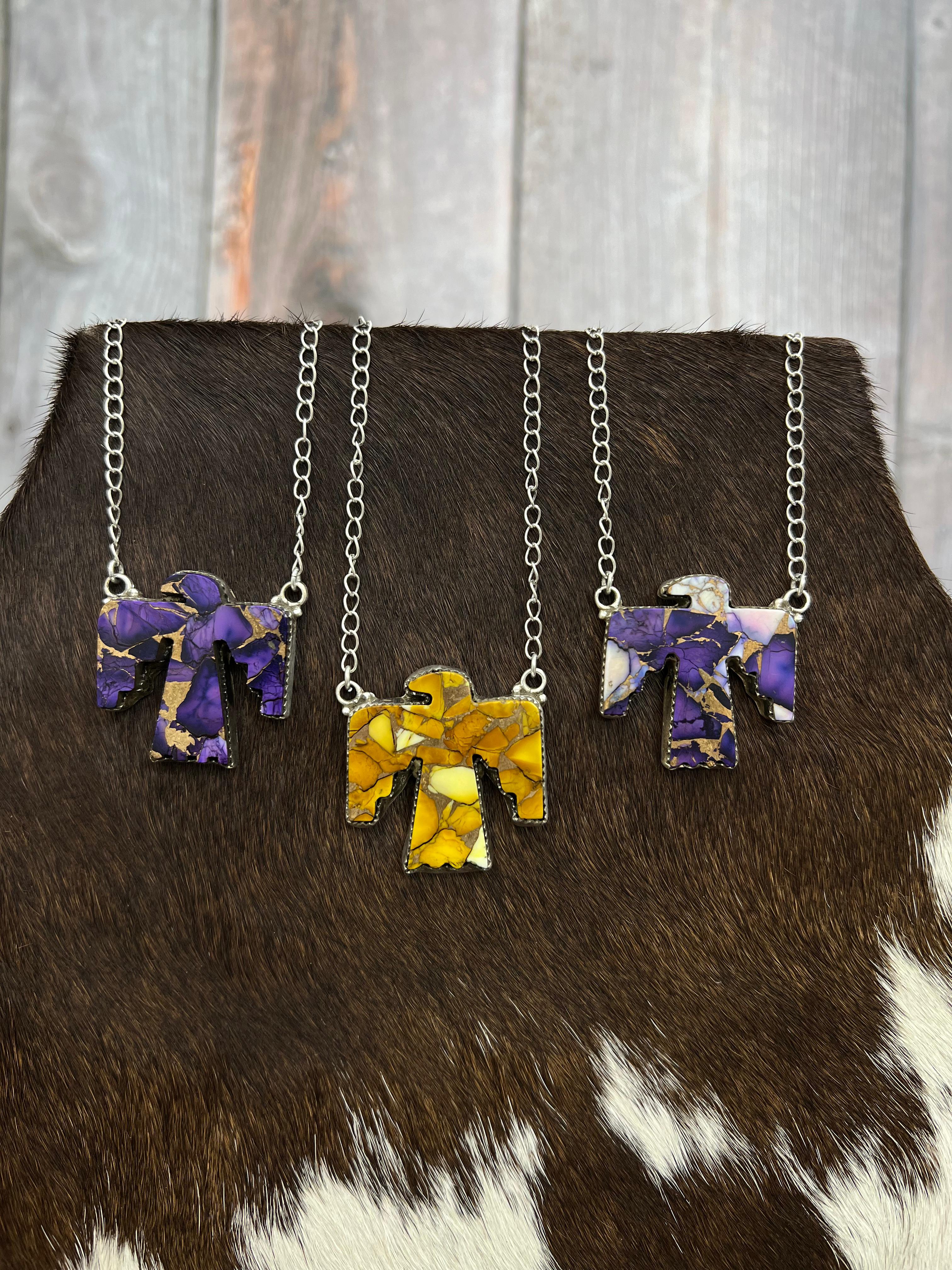 Handmade Sterling Silver Multi Gemstone Thunderbird Necklace with Signed Nizhoni