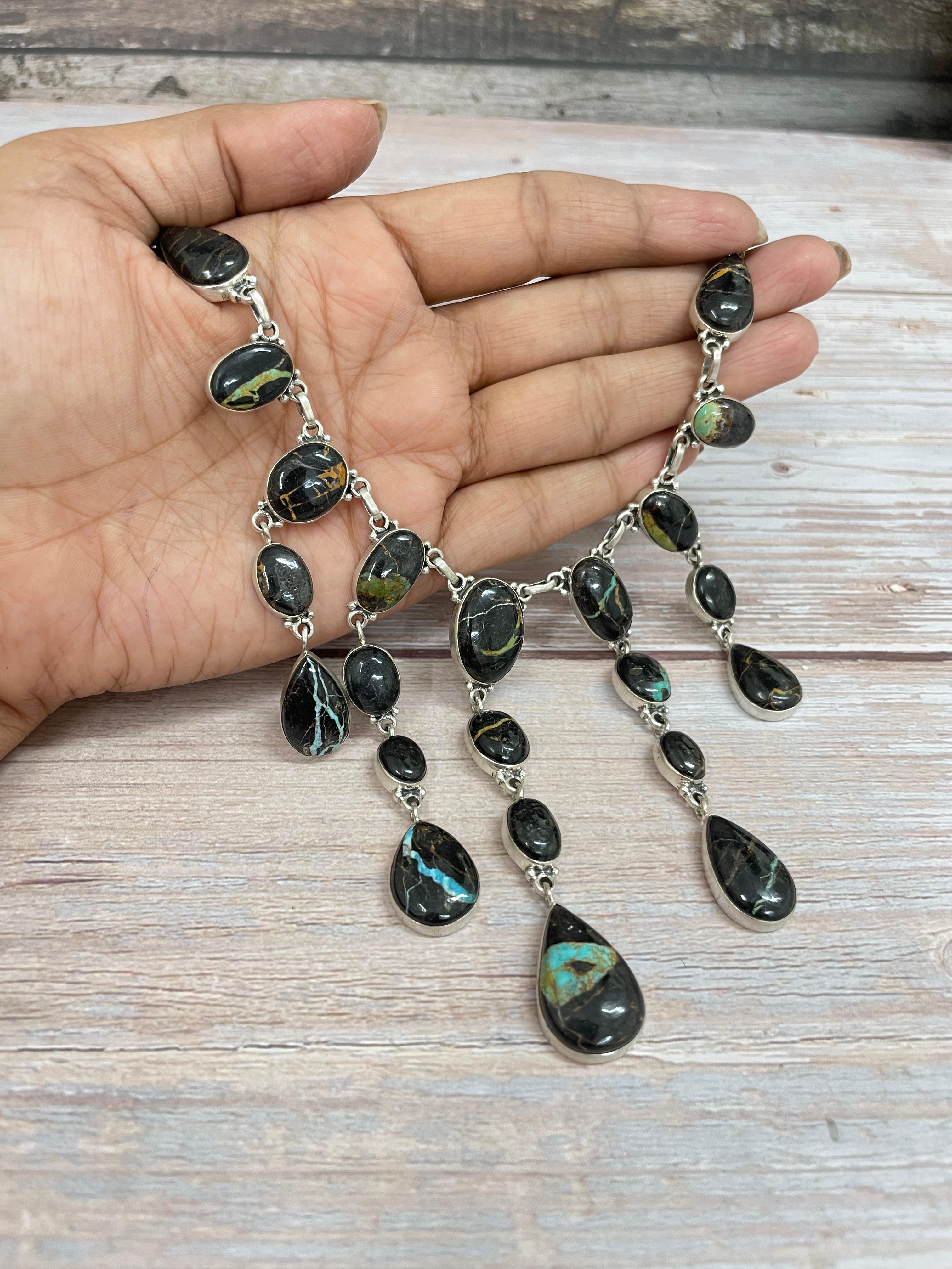 Handmade Sterling Silver Blackjack Turquoise Necklace Signed Nizhoni