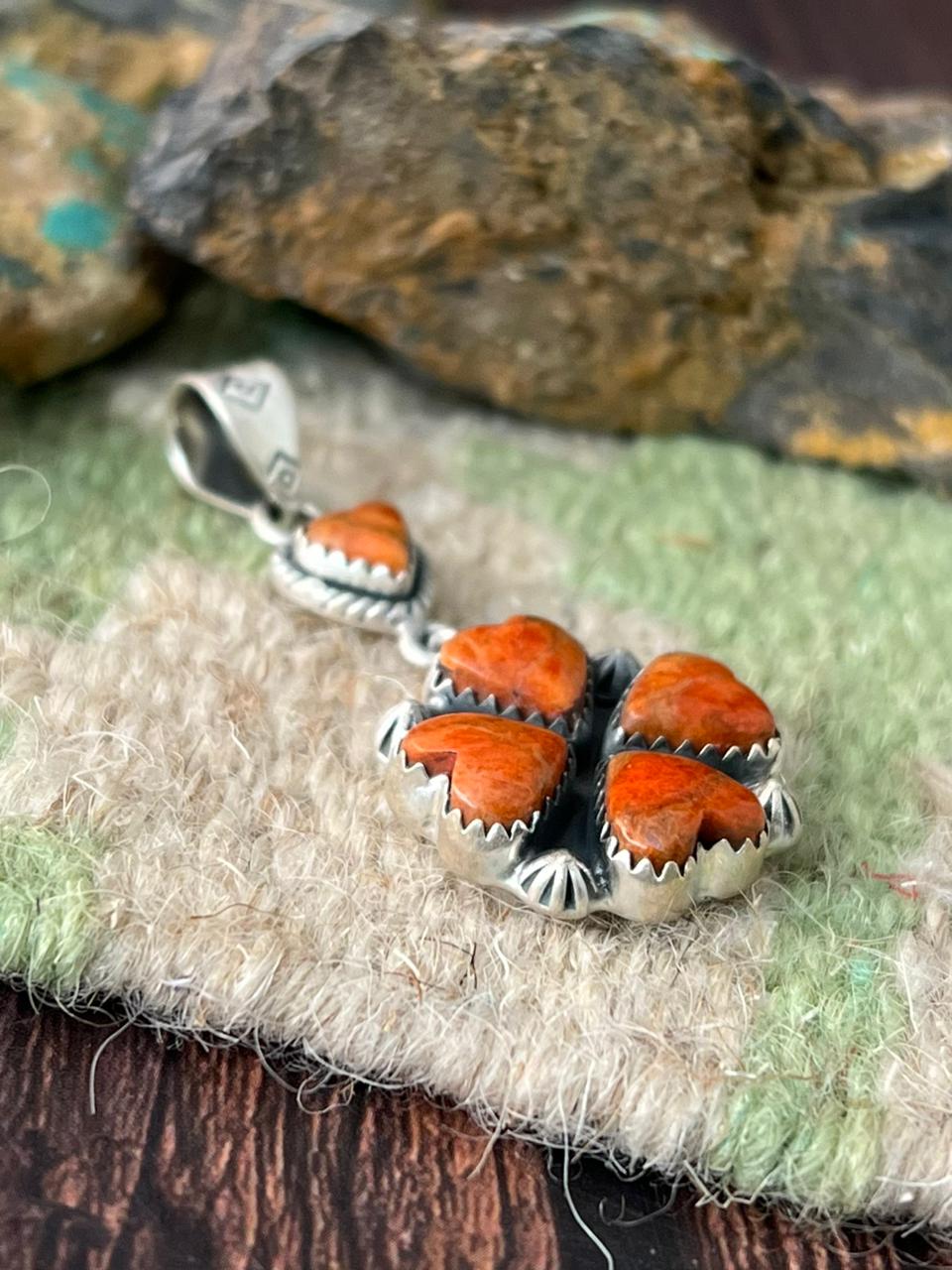 Handmade Sterling Silver Orange Mojave Heart Pendant "Signed Nizhoni"