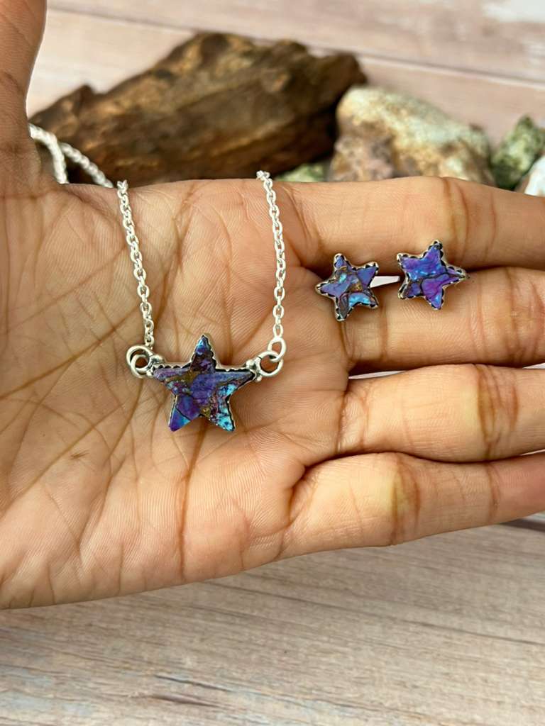 Handmade Sterling Silver Purple Dream Mojave Necklace Earrings Set with Signed Nizhoni