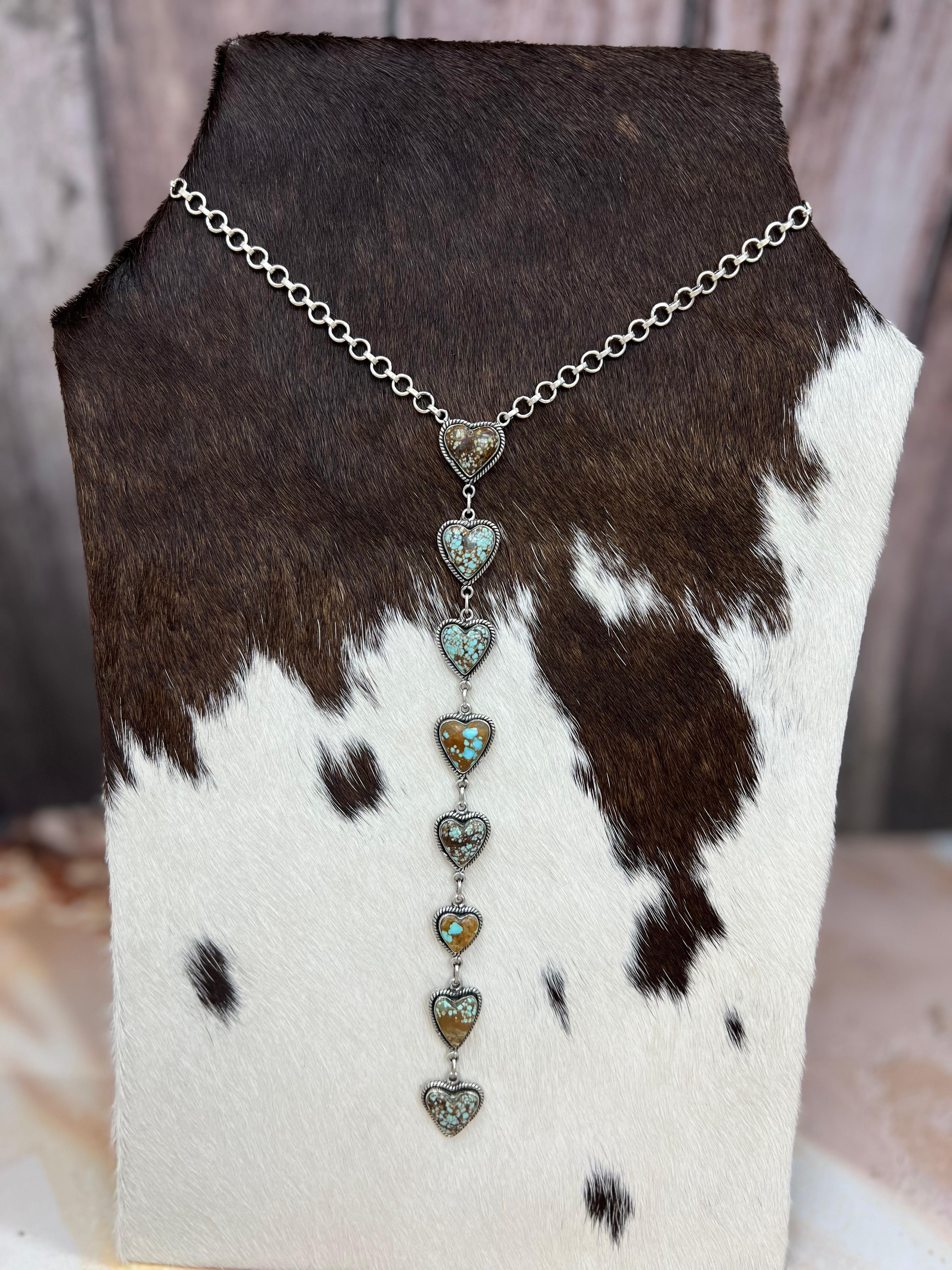 Handmade Sterling Silver Number 8 Turquoise Drop Heart Necklace with Signed Nizhoni