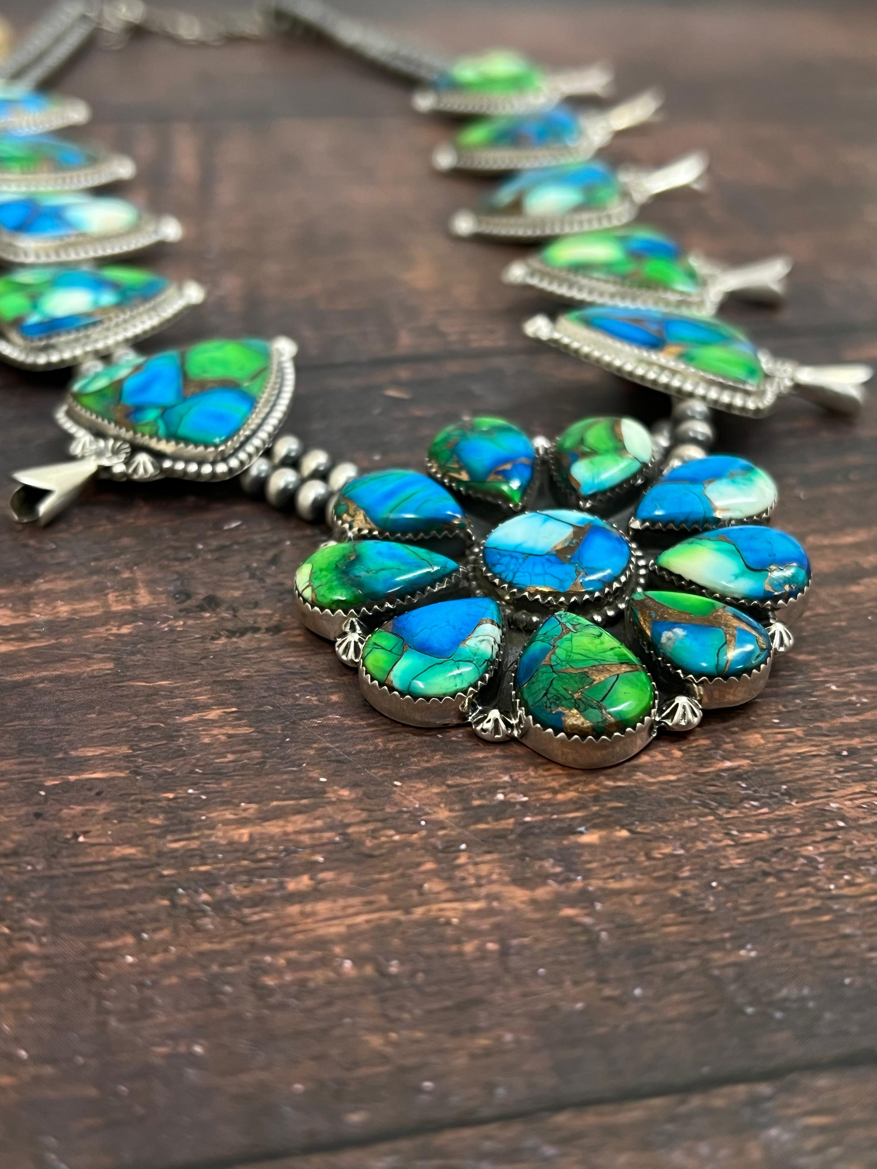 Handmade Sterling Silver Peacock Dahlia Beaded Necklace with Signed Nizhoni