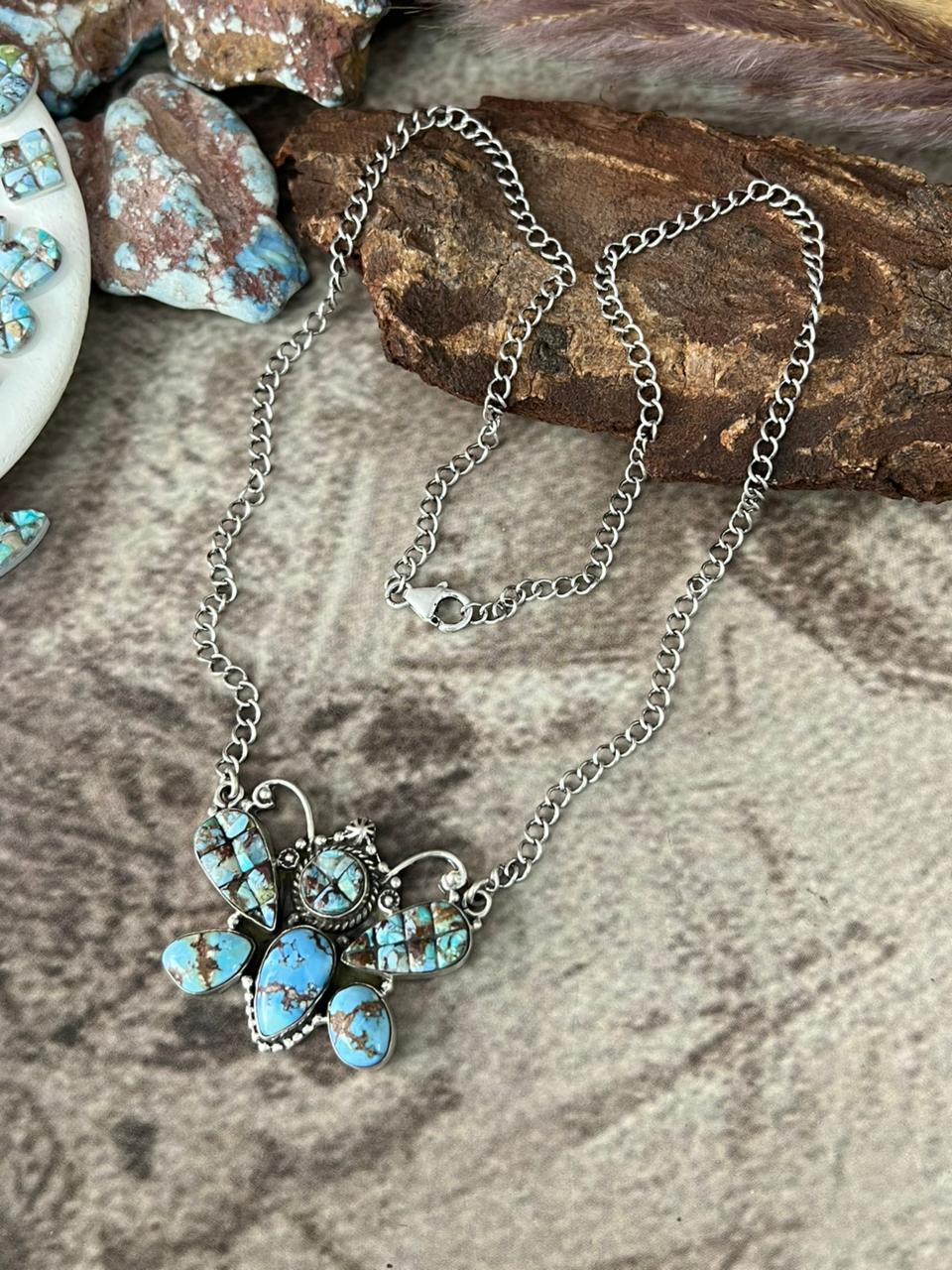 Handmade Sterling Silver 'Golden Hills Turquoise Cobble Collection' Butterfly Necklace "Signed Nizhoni"