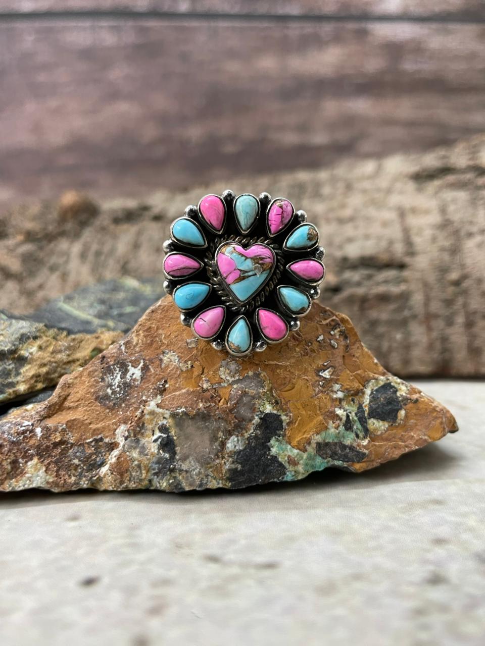 "Heart Collection" Handmade Sterling Silver Cotton Candy Adjustable Ring "Signed Nizhoni"