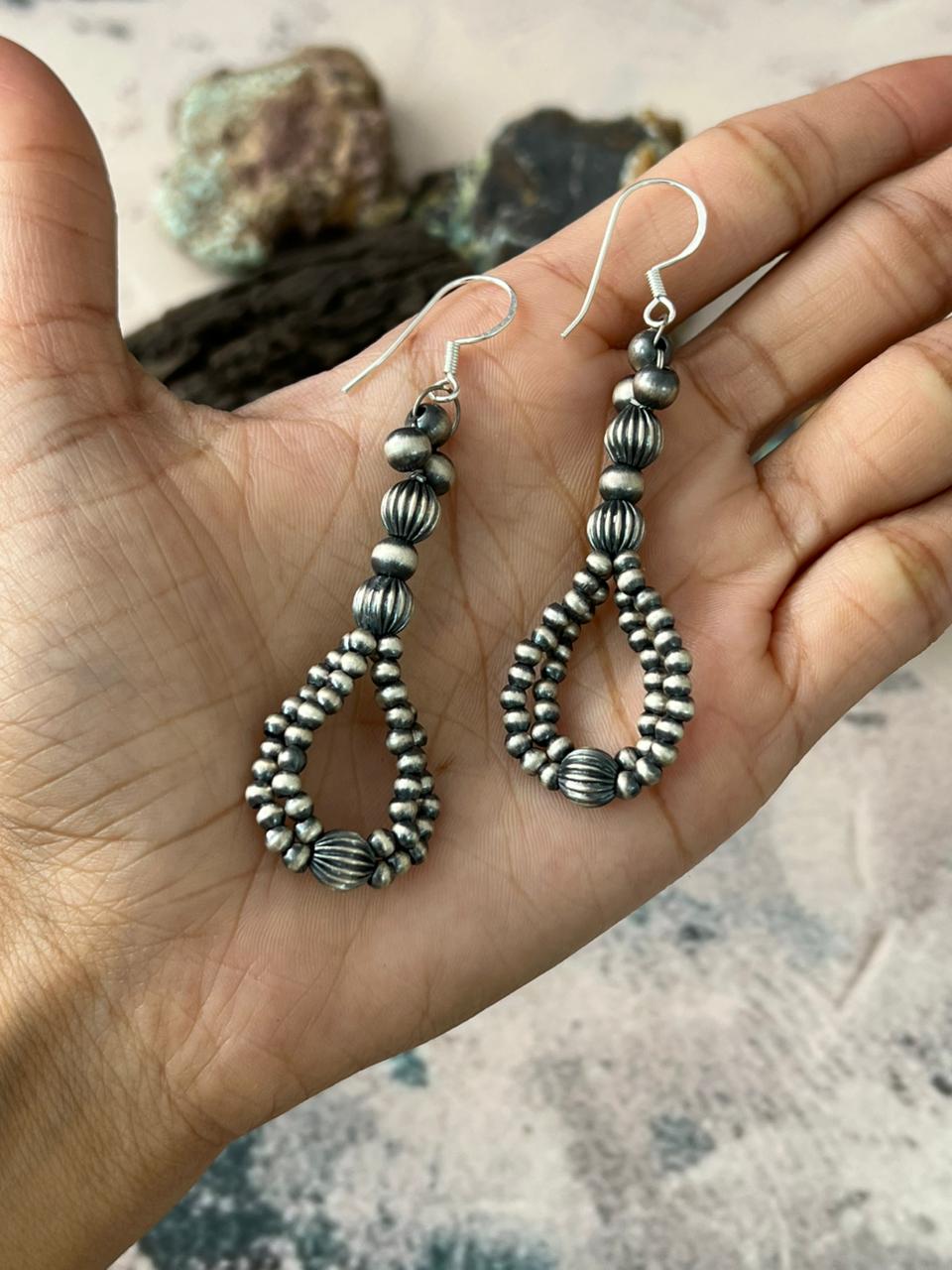 Handmade Sterling Silver Beaded Hook Dangle Earrings "Signed Nizhoni"