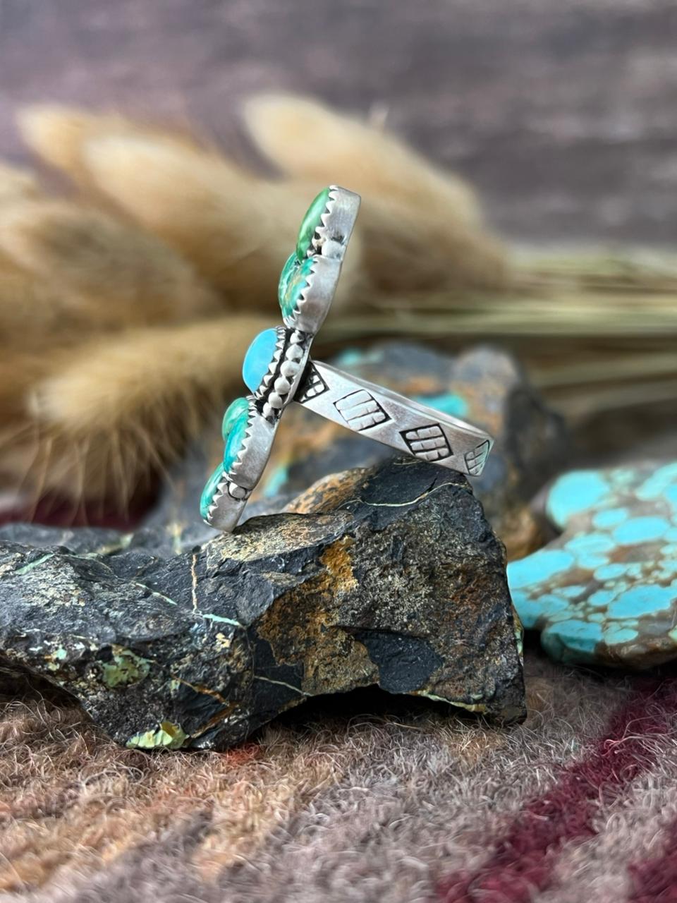 Handmade Sterling Silver Emerald Valley with Santa Maria Turquoise Adjusatble Ring "Signed Nizhoni"