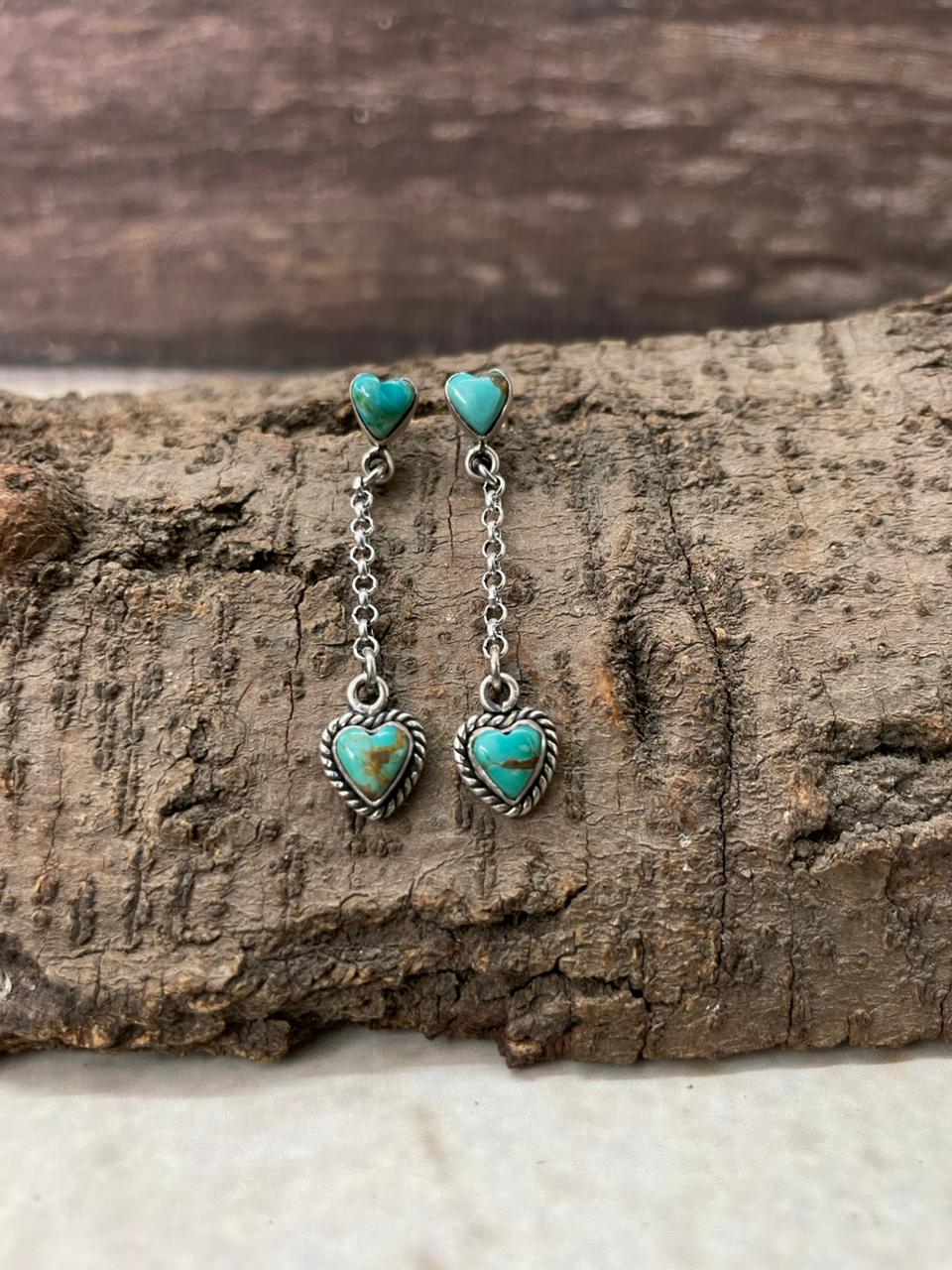 "Heart Collection" Handmade Sterling Silver Kingman Turquoise Post Dangle Earrings "Signed Nizhoni"