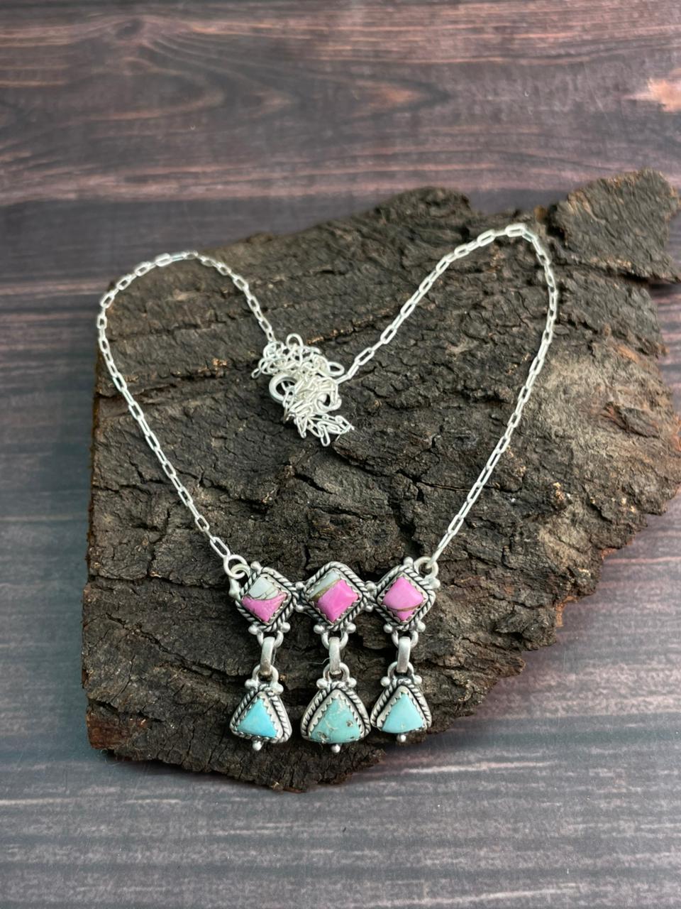 Handmade Sterling Silver Cotton Candy with White Water Turquoise Necklace "Signed Nizhoni"