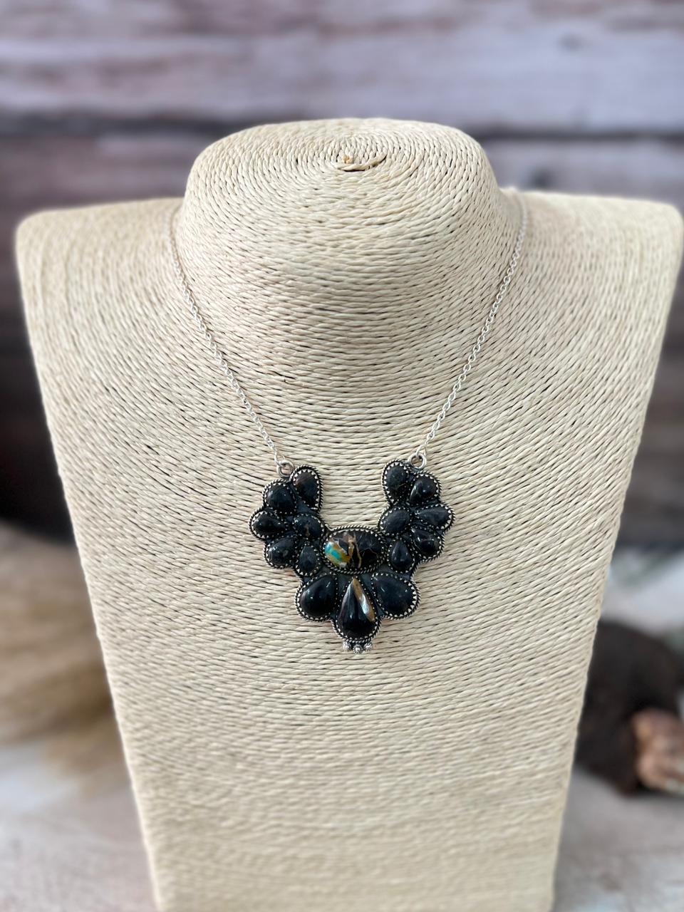 Handmade Sterling Silver Blackjack Turquoise Necklace "Signed Nizhoni"