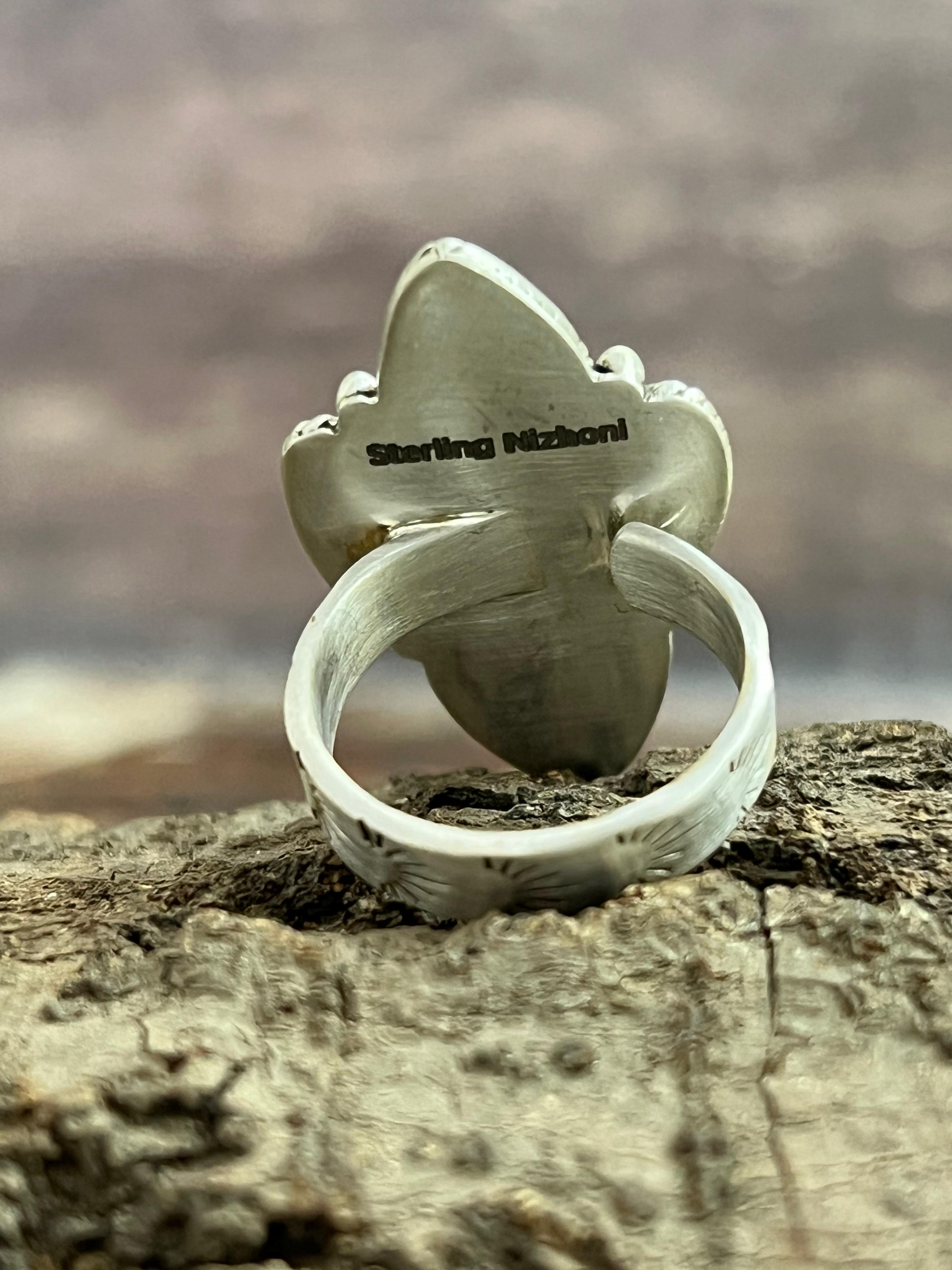 Handmade Sterling Silver Sonoran Mountain Turquoise, Golden Hills Turquoise Adjustable Ring, Signed Nizhoni (7)