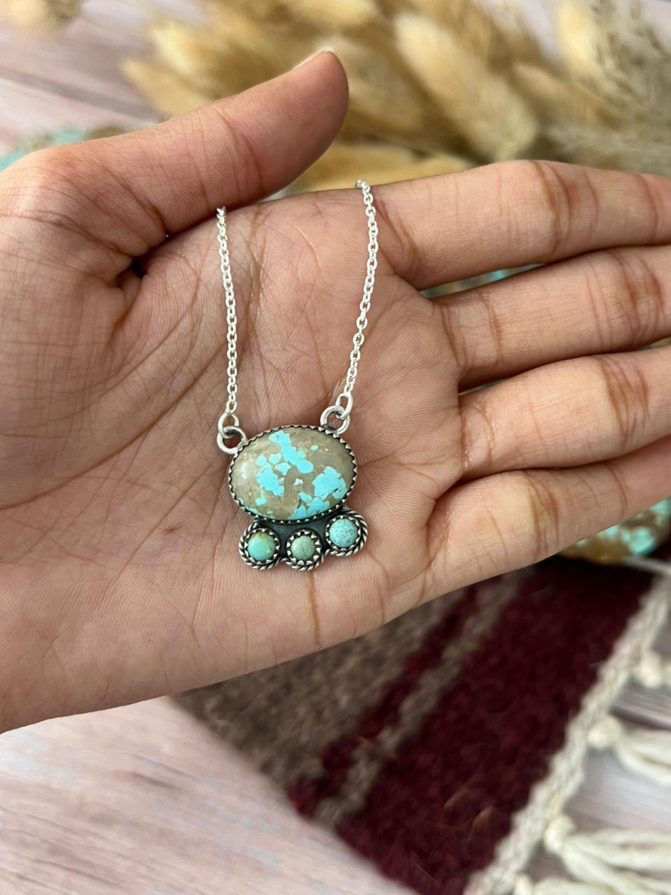 Handmade Sterling Silver Royston Ribbon with Number 8 Turquoise Necklace "Signed Nizhoni"