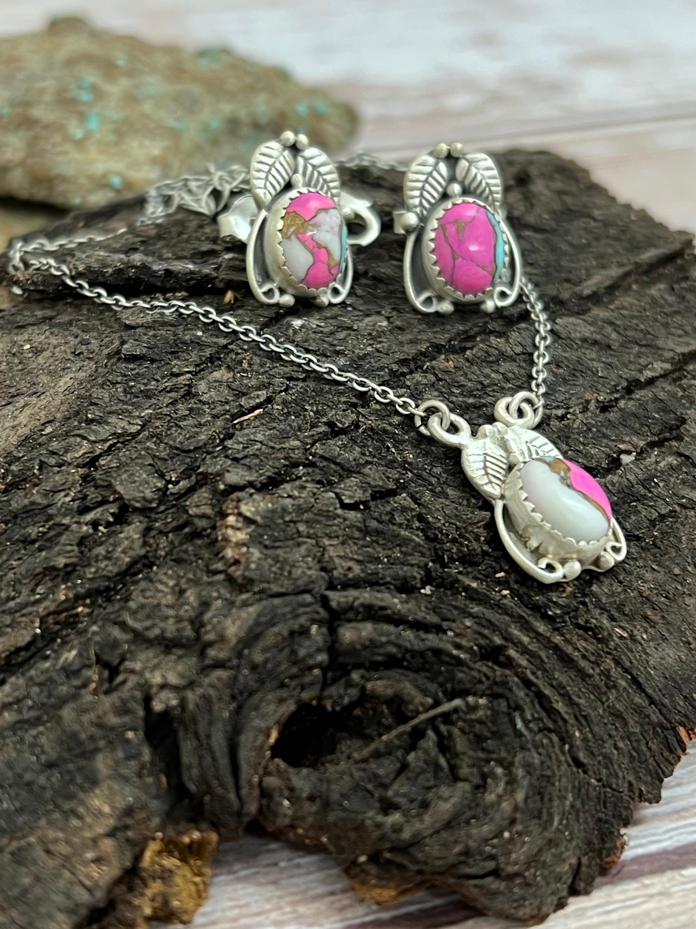 Handmade Sterling Silver Cotton Candy Turquoise Necklace Earrings Set, Signed Nizhoni