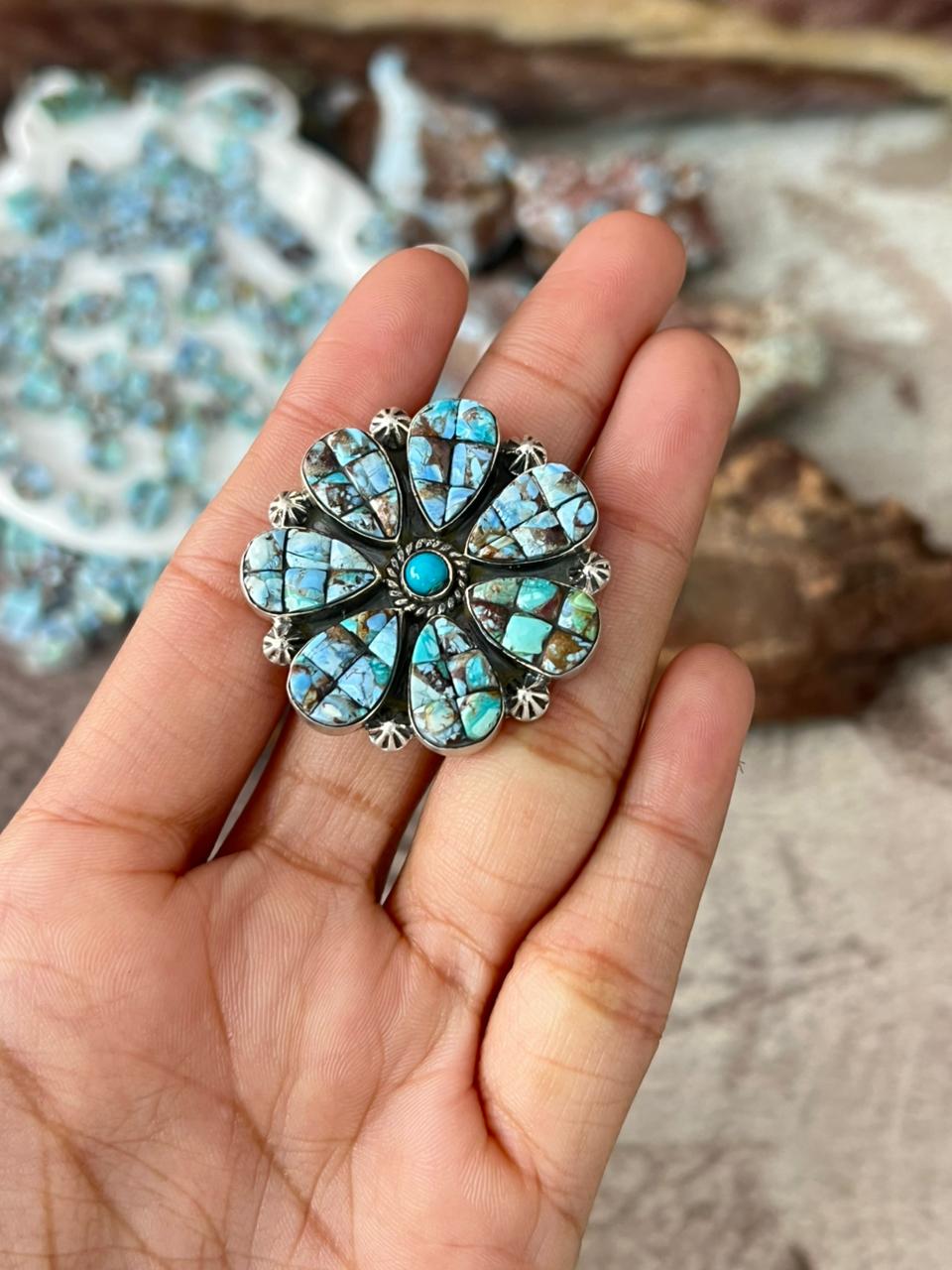 Handmade Sterling Silver 'Golden Hills Turquoise Cobble Collection' Adjustable Ring "Signed Nizhoni"