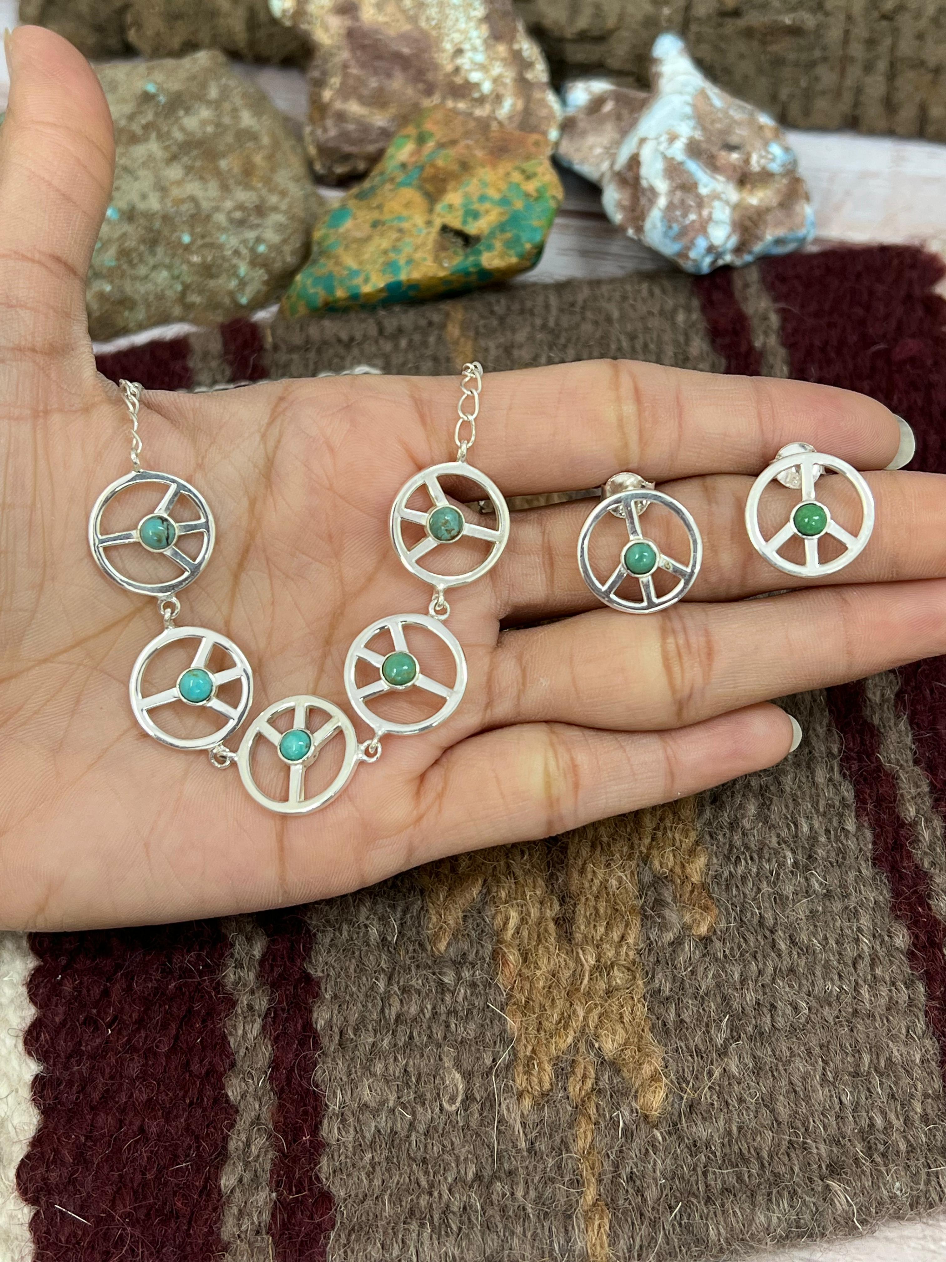 Handmade Sterling Silver Kingman Turquoise Necklace Earrings Set with Signed Nizhoni