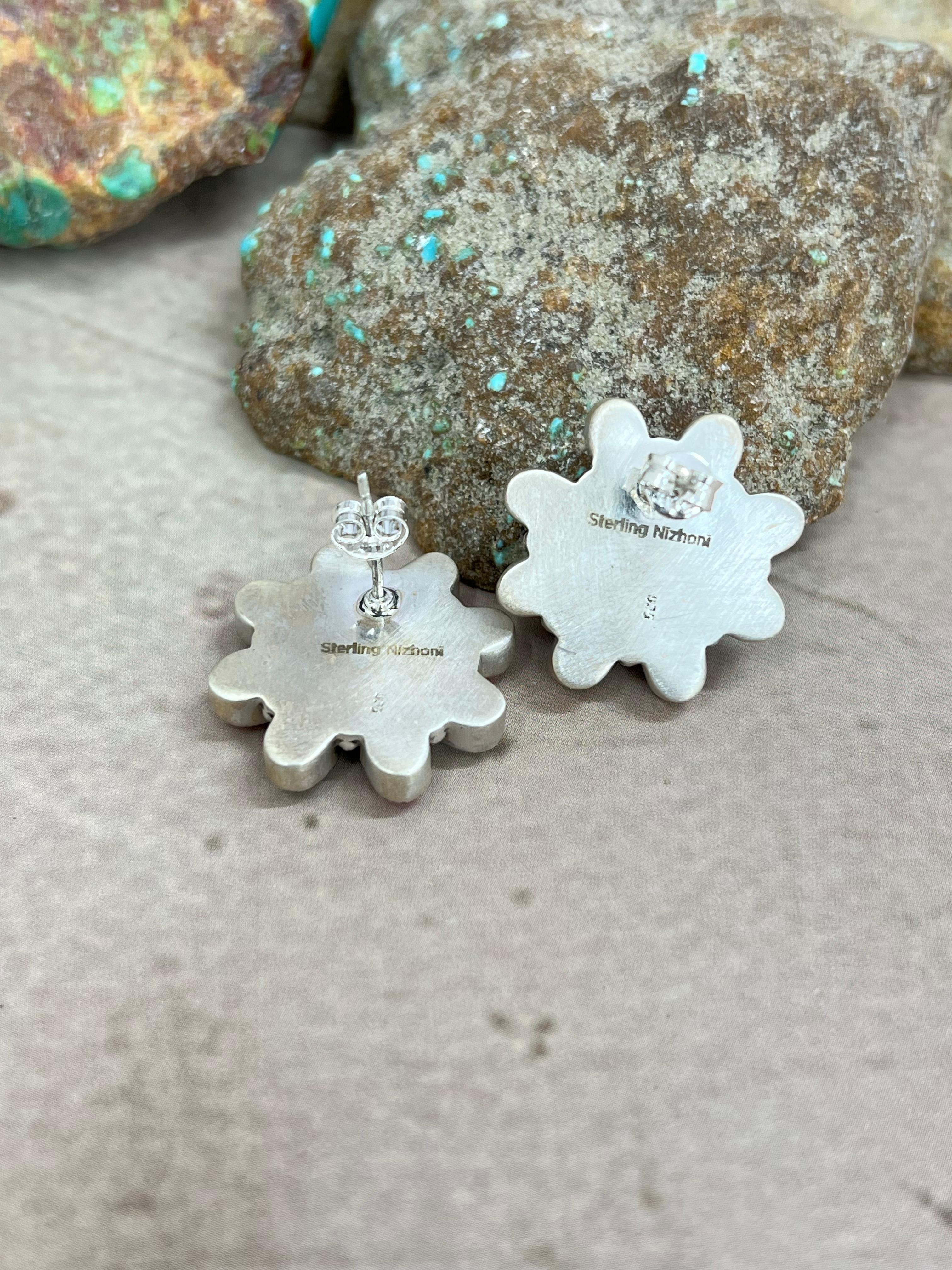 Handmade Sterling Silver Cotton Candy Turquoise Flower Post Earrings with Signed Nizhoni