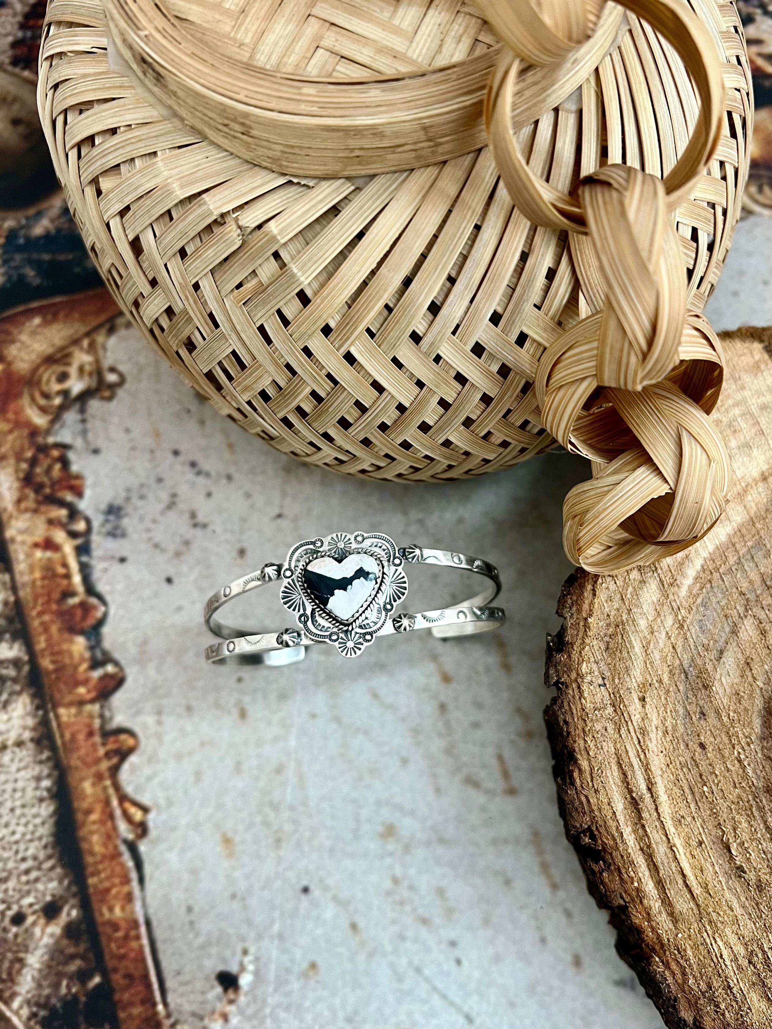 Handmade Sterling Silver White Buffalo Heart Bracelet with Signed Nizhoni