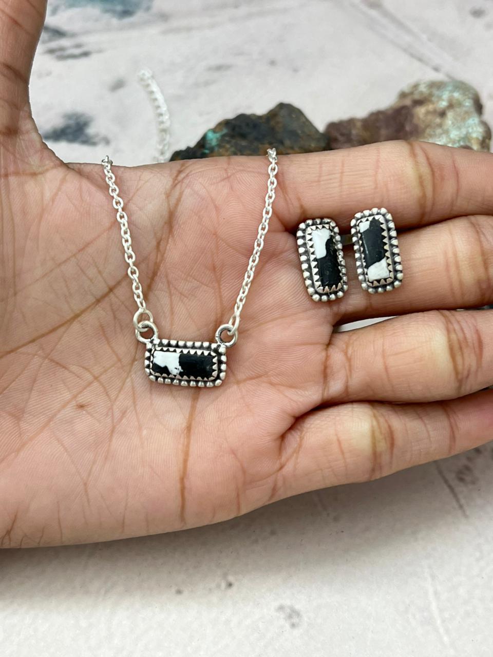 Handmade Sterling Silver White Buffalo Necklace Earrings Set "Signed Nizhoni"