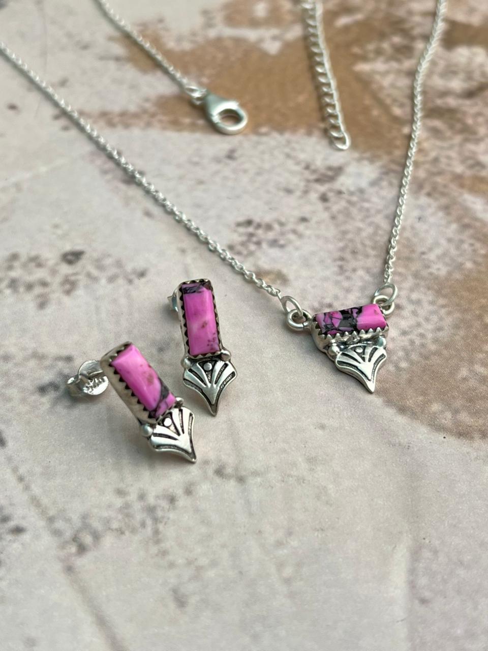 Handmade Sterling Silver Cherry Blossom Necklace Earrings Set "Signed Nizhoni"