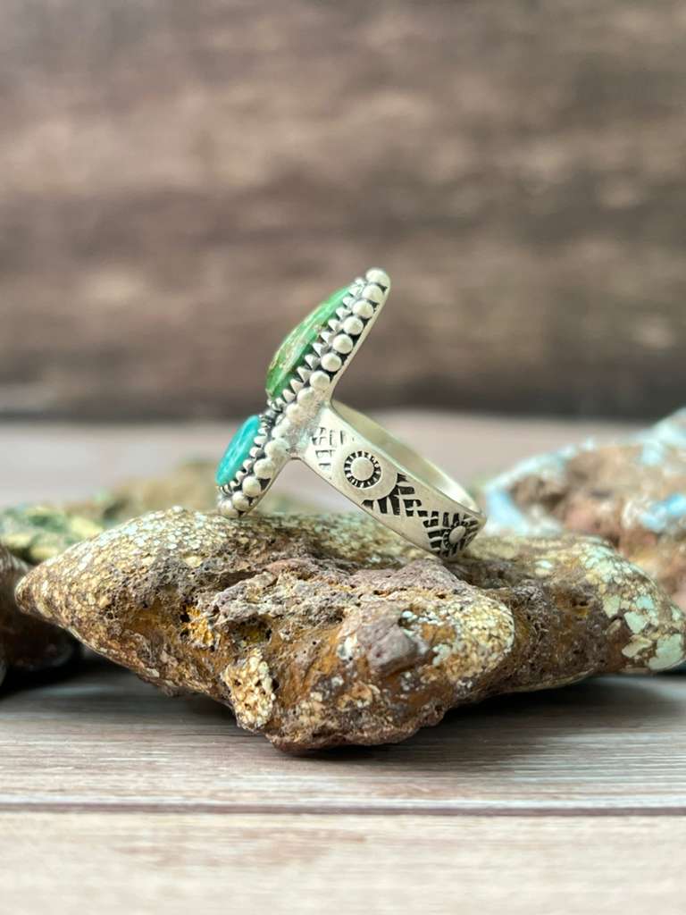 Handmade Sterling Silver Sonoran Mountain Turquoise with White Water Adjustable Ring "Signed Nizhoni"