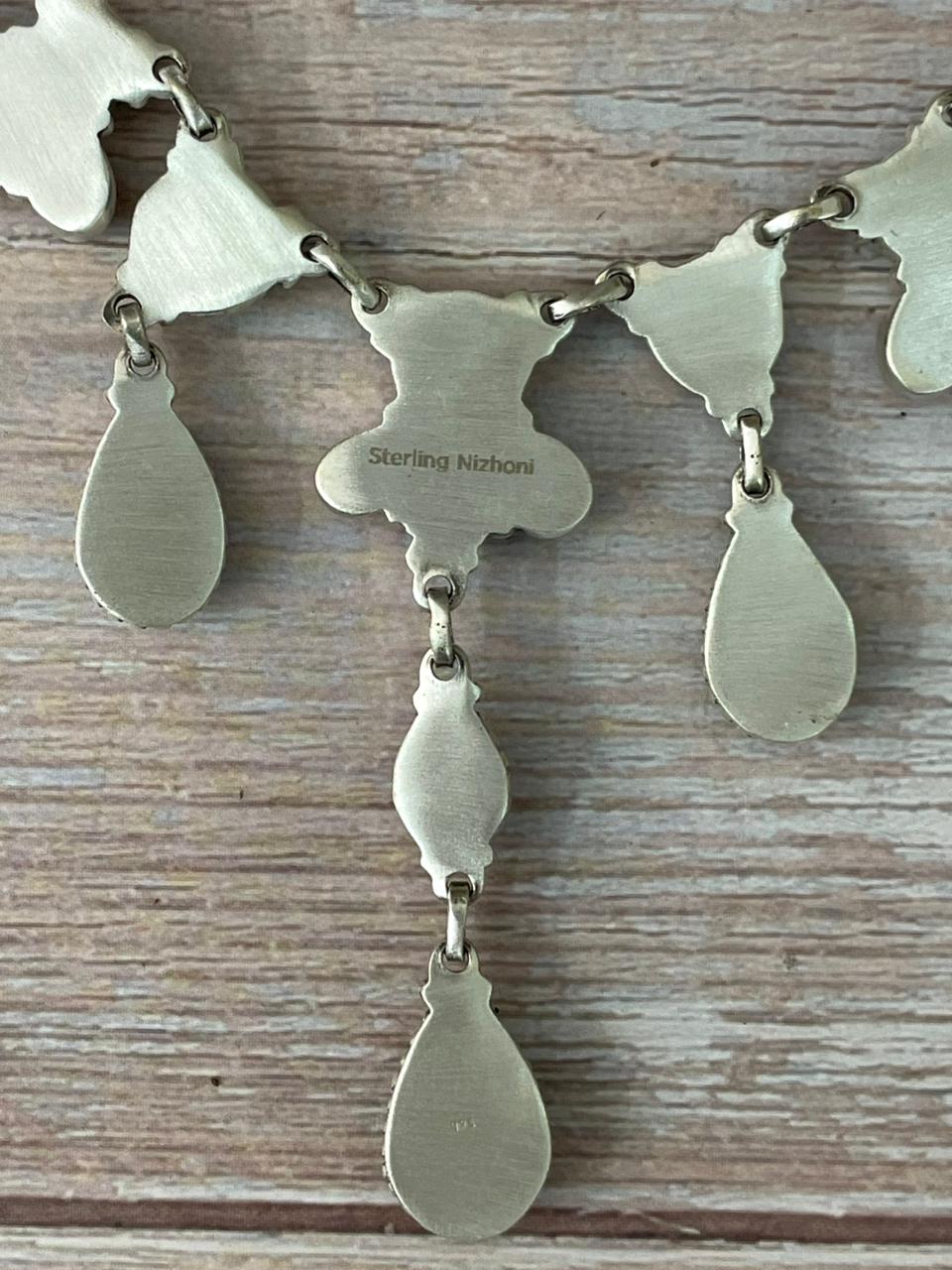 Handmade Sterling Silver Dahlia Rose with Emerald Valley Turquoise Necklace "Signed Nizhoni"