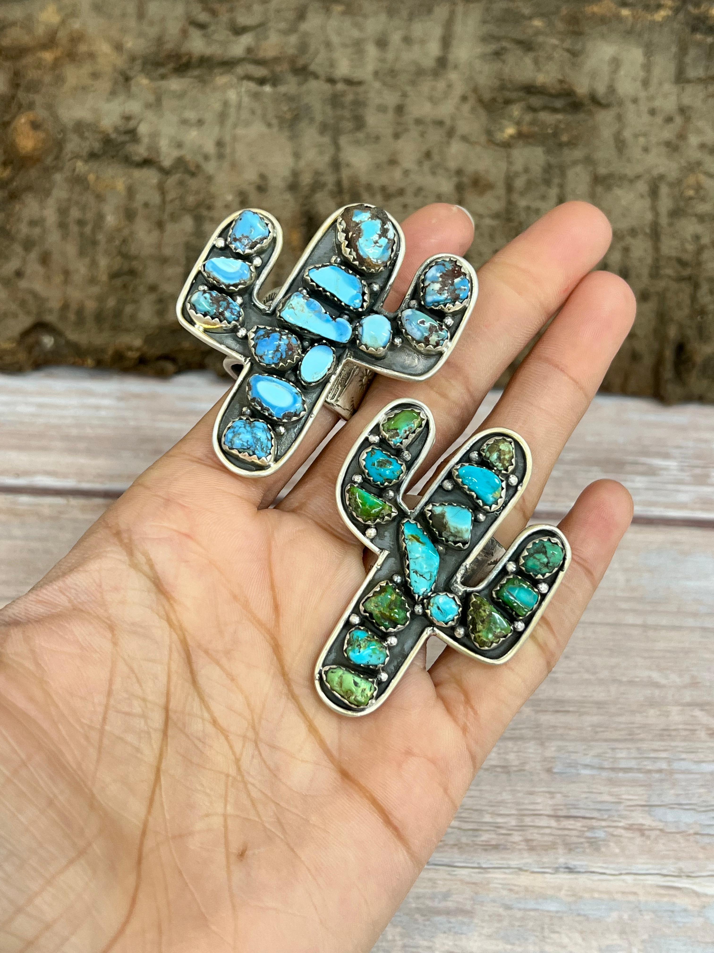 Handmade Sterling Silver Golden Hills, Sonoran Mountain Turquoise Cactus Adjustable Ring with Signed Nizhoni