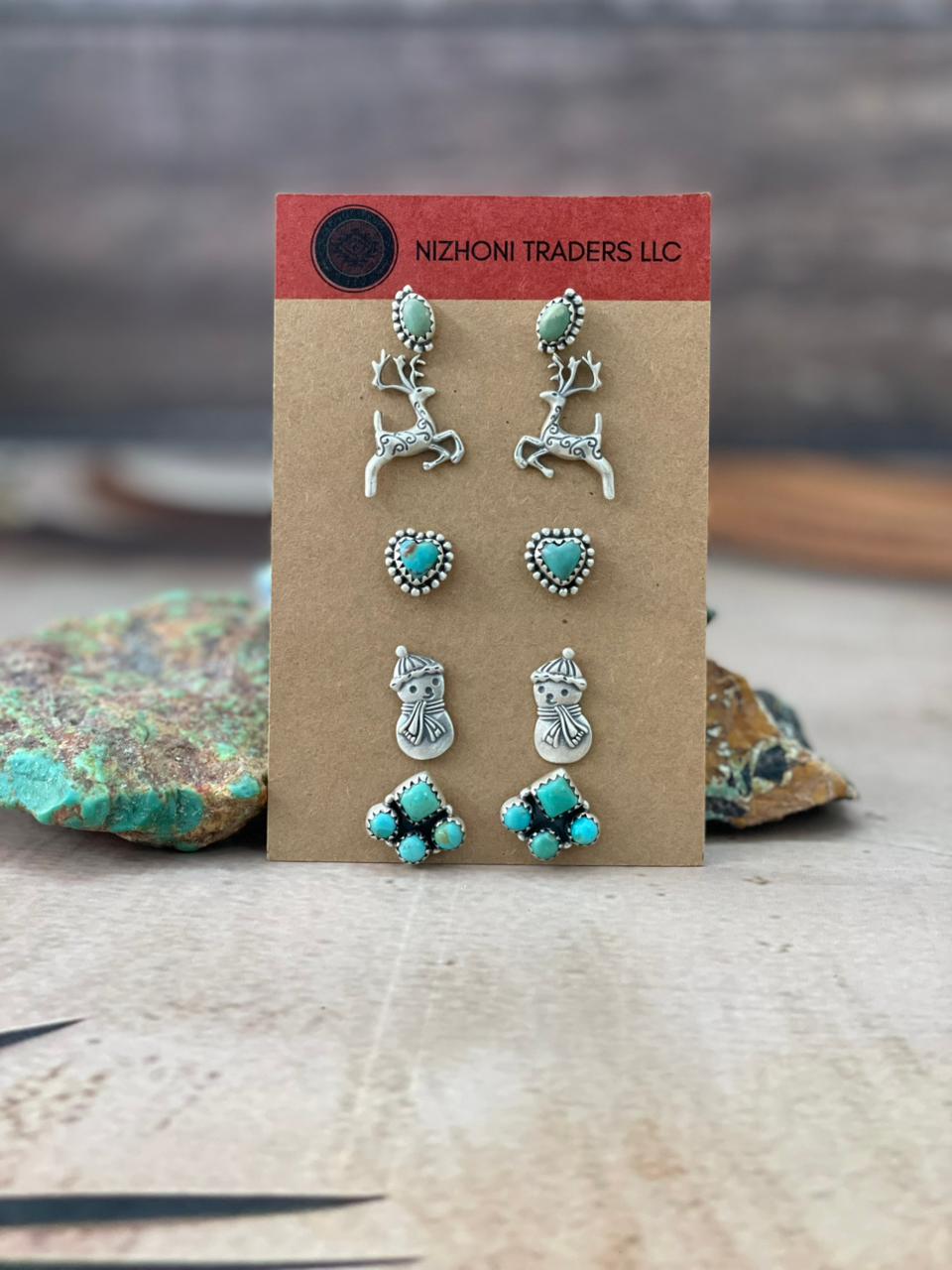 Handmade Sterling Silver Kingman Turquoise Post Studs Earrings Set