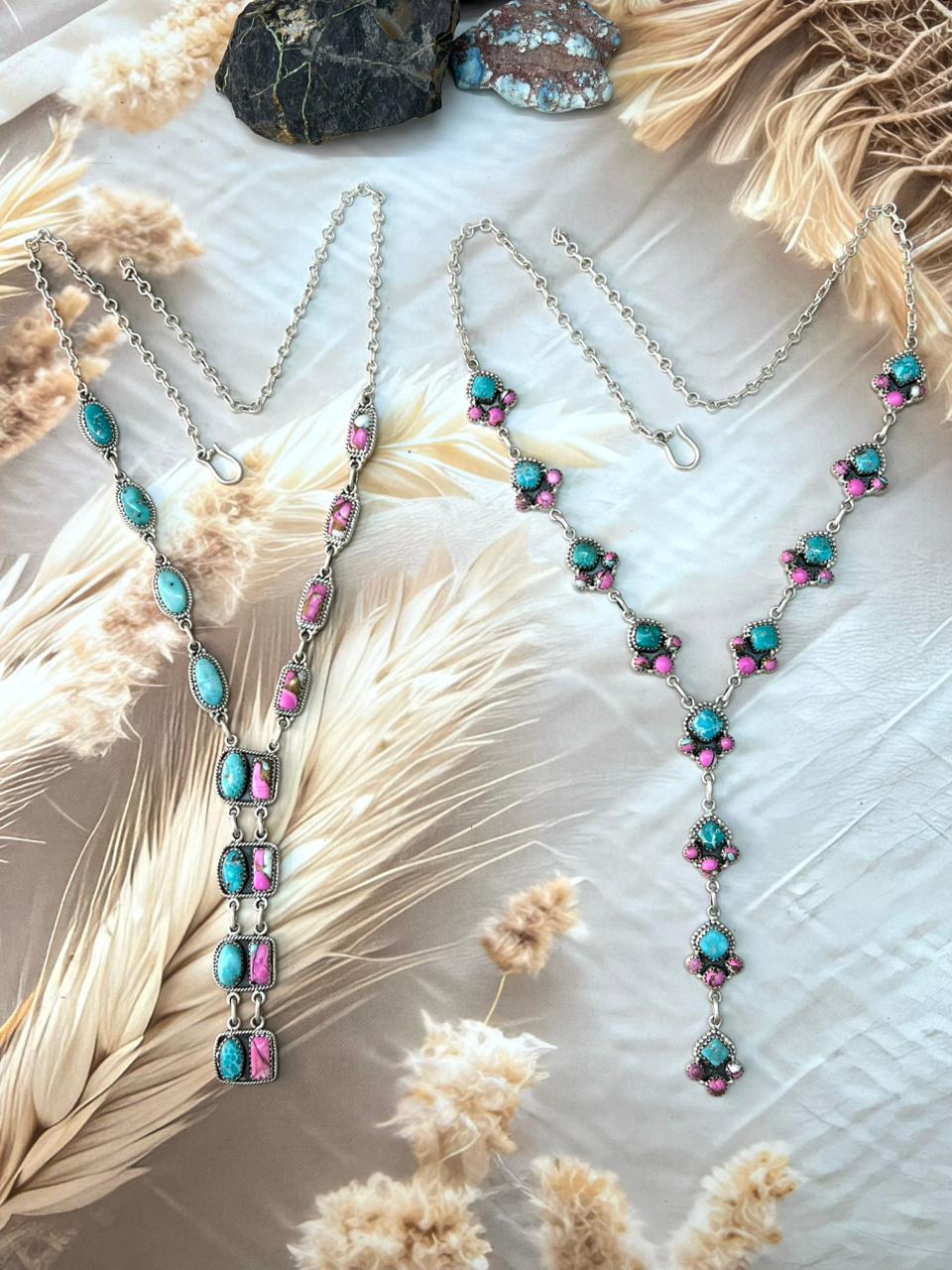 Handmade Sterling Silver White Water Turquoise with Cotton Candy Necklace "Signed Nizhoni"