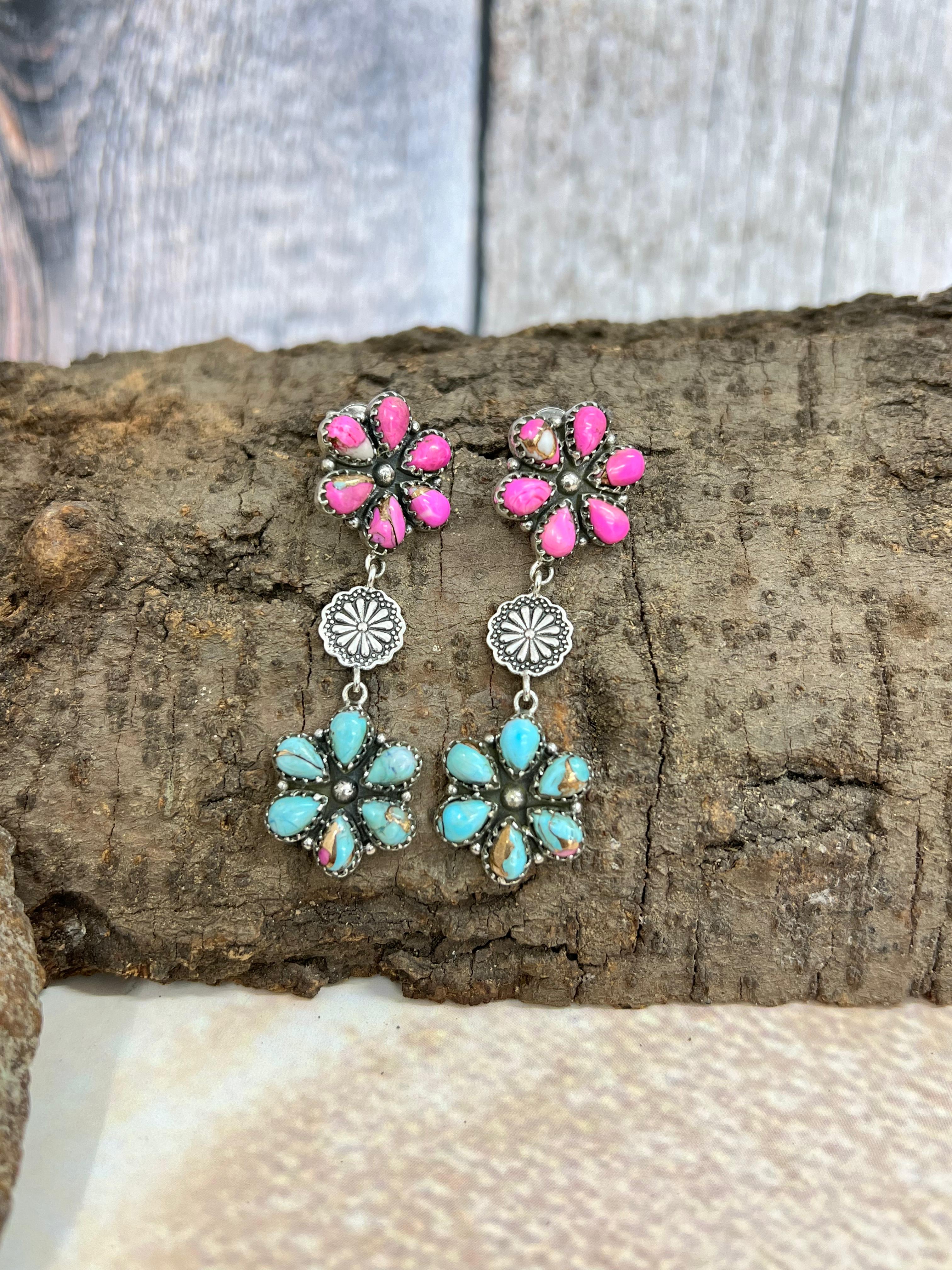 Handmade Sterling Silver Cotton Candy Turquoise Post Earrings with Signed Nizhoni