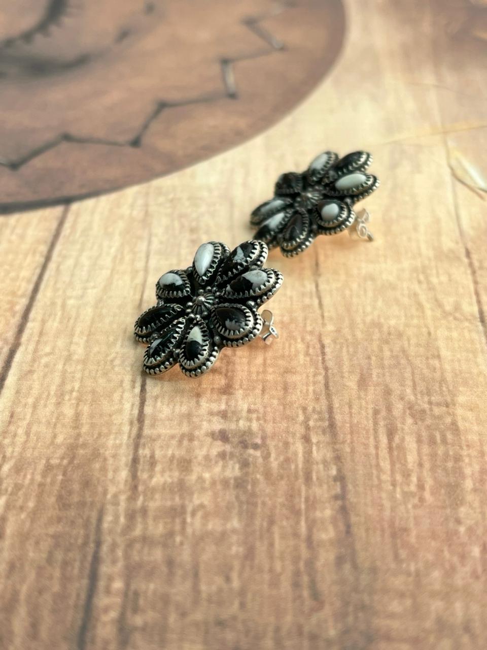 Handmade Sterling Silver White Buffalo Post Studs Earrings "Signed Nizhoni"