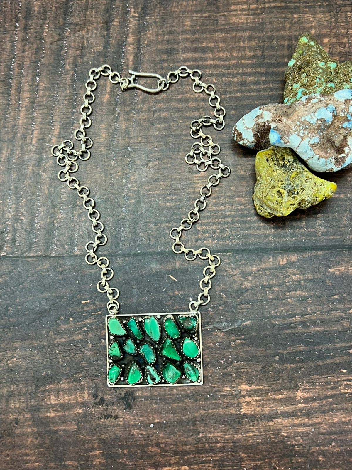 Handmade Sterling Silver Emerald Rose Necklace with Signed Nizhoni