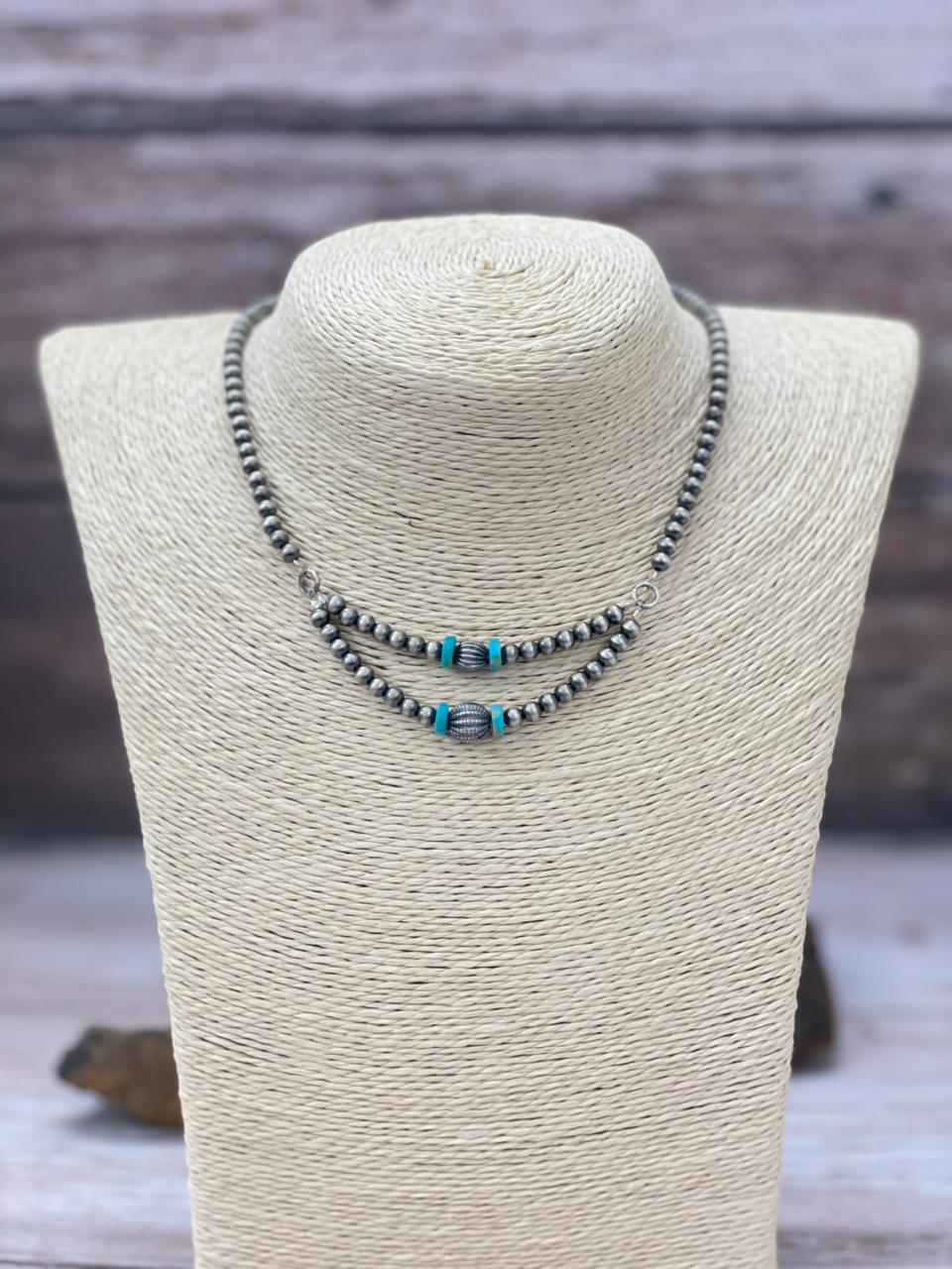 Handmade Sterling Silver Beaded Kingman Turquoise Necklace "Signed Nizhoni"