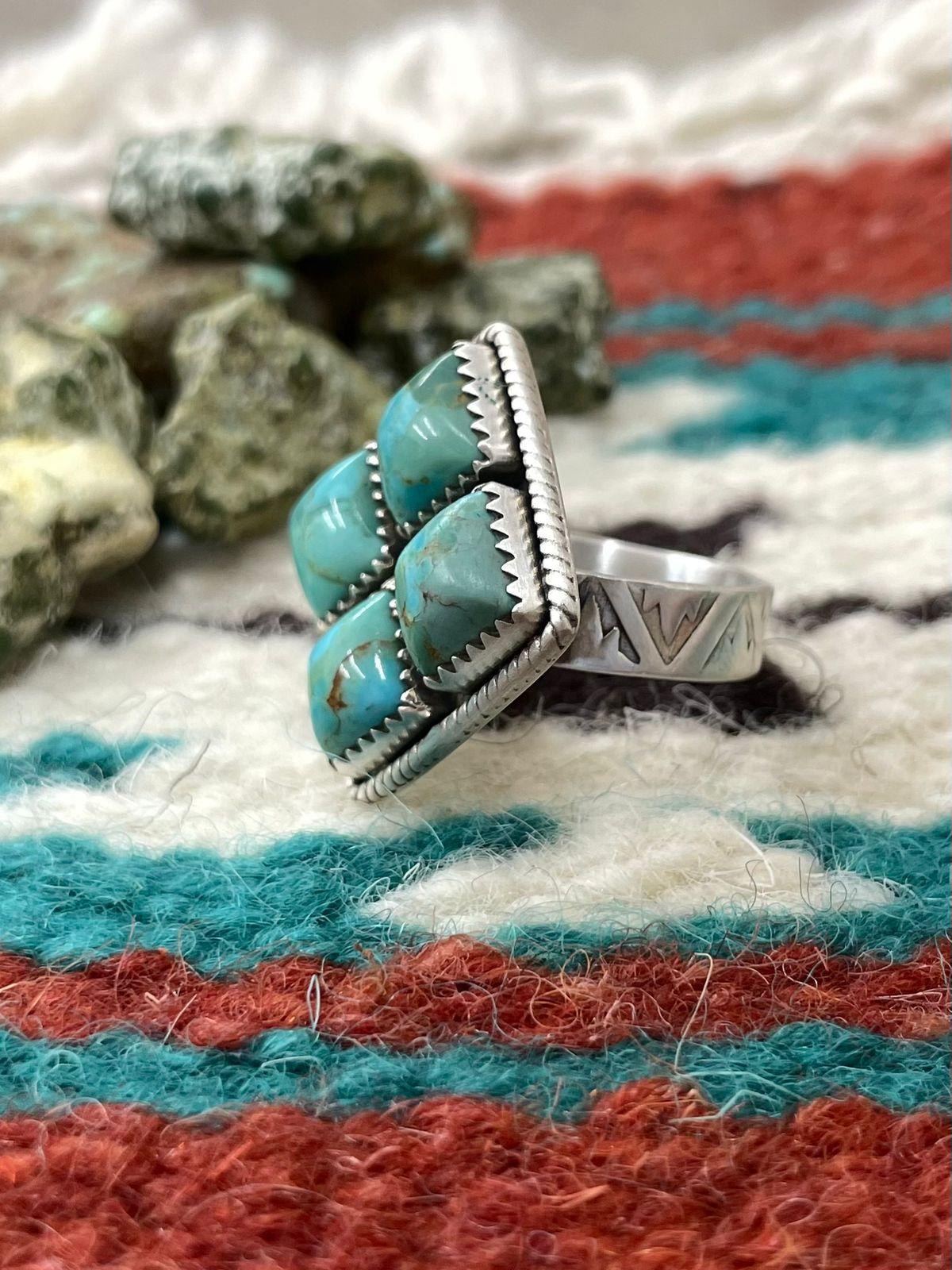 Handmade Sterling Silver Kingman Turquoise Adjustable Ring with Signed Nizhoni