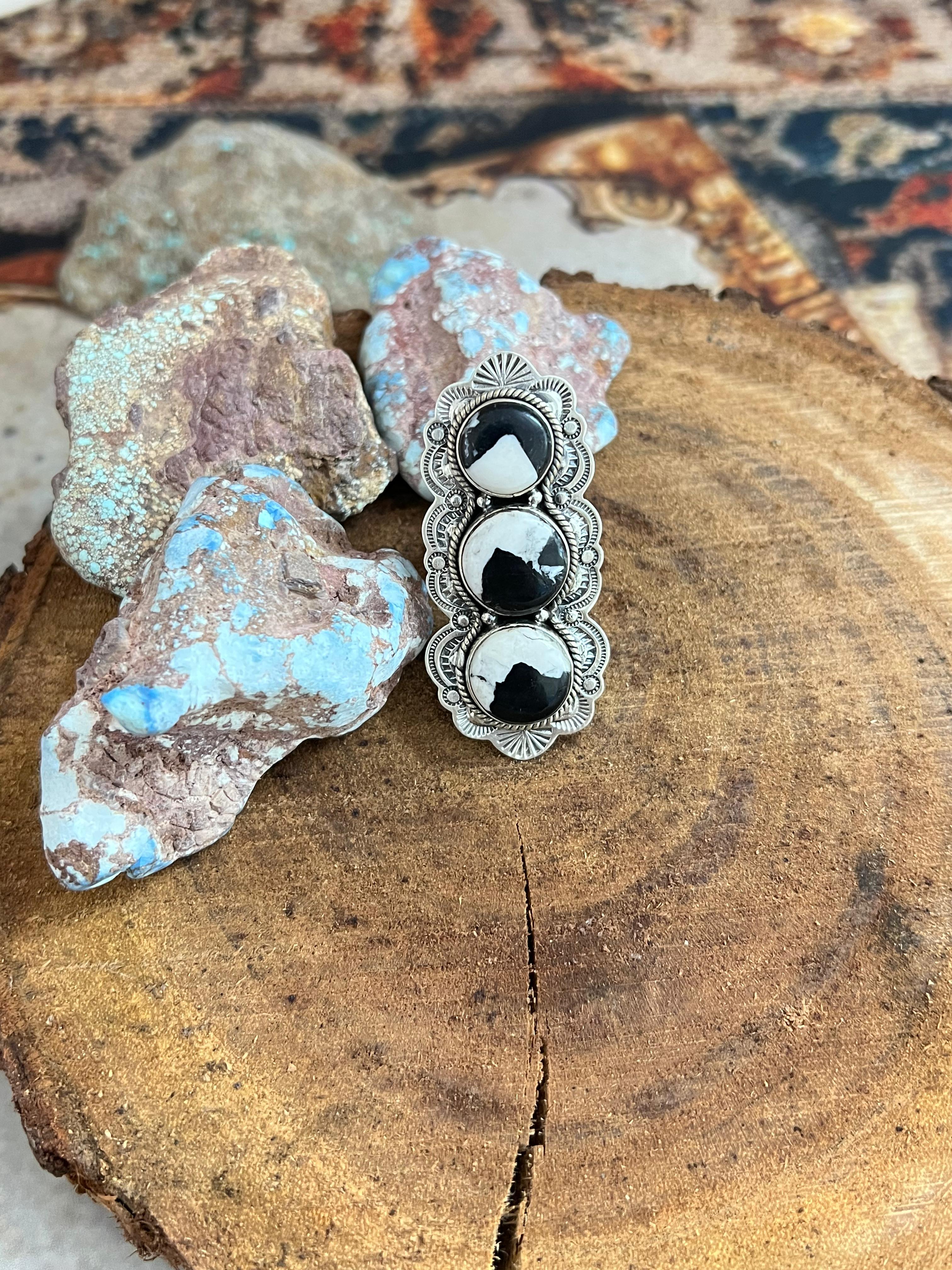 Handmade Sterling Silver White Buffalo Adjustable Ring, Signed Nizhoni