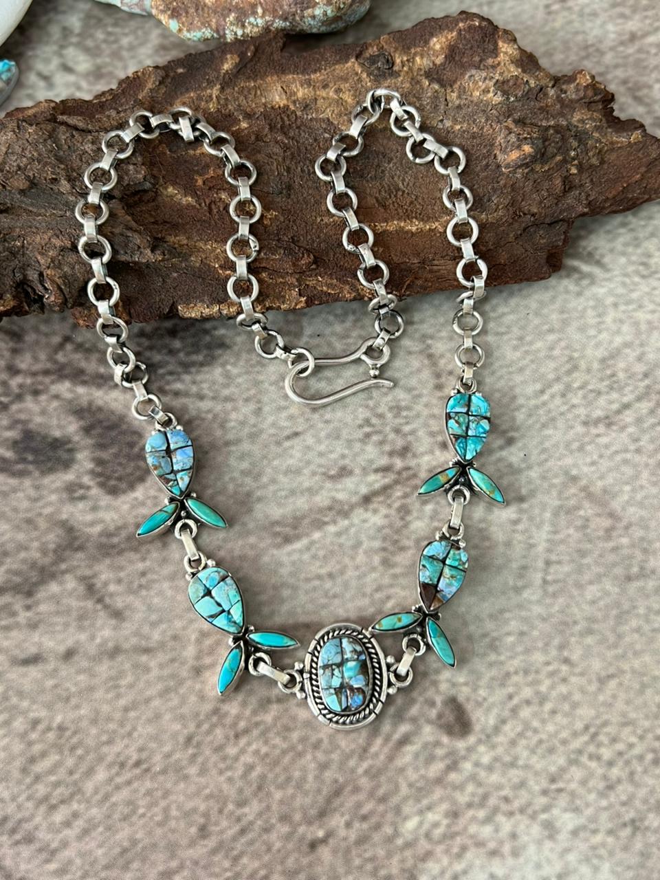 Handmade Sterling Silver 'Golden Hills Turquoise Cobble Collection' Necklace "Signed Nizhoni"