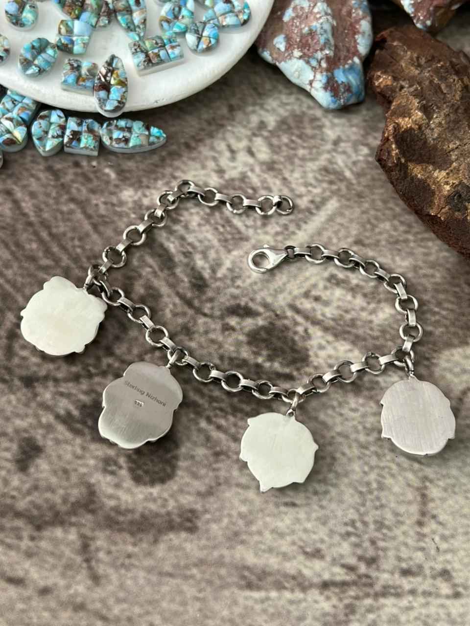 Handmade Sterling Silver Golden Hills Turquoise Cobble Collection Bracelet "Signed Nizhoni"