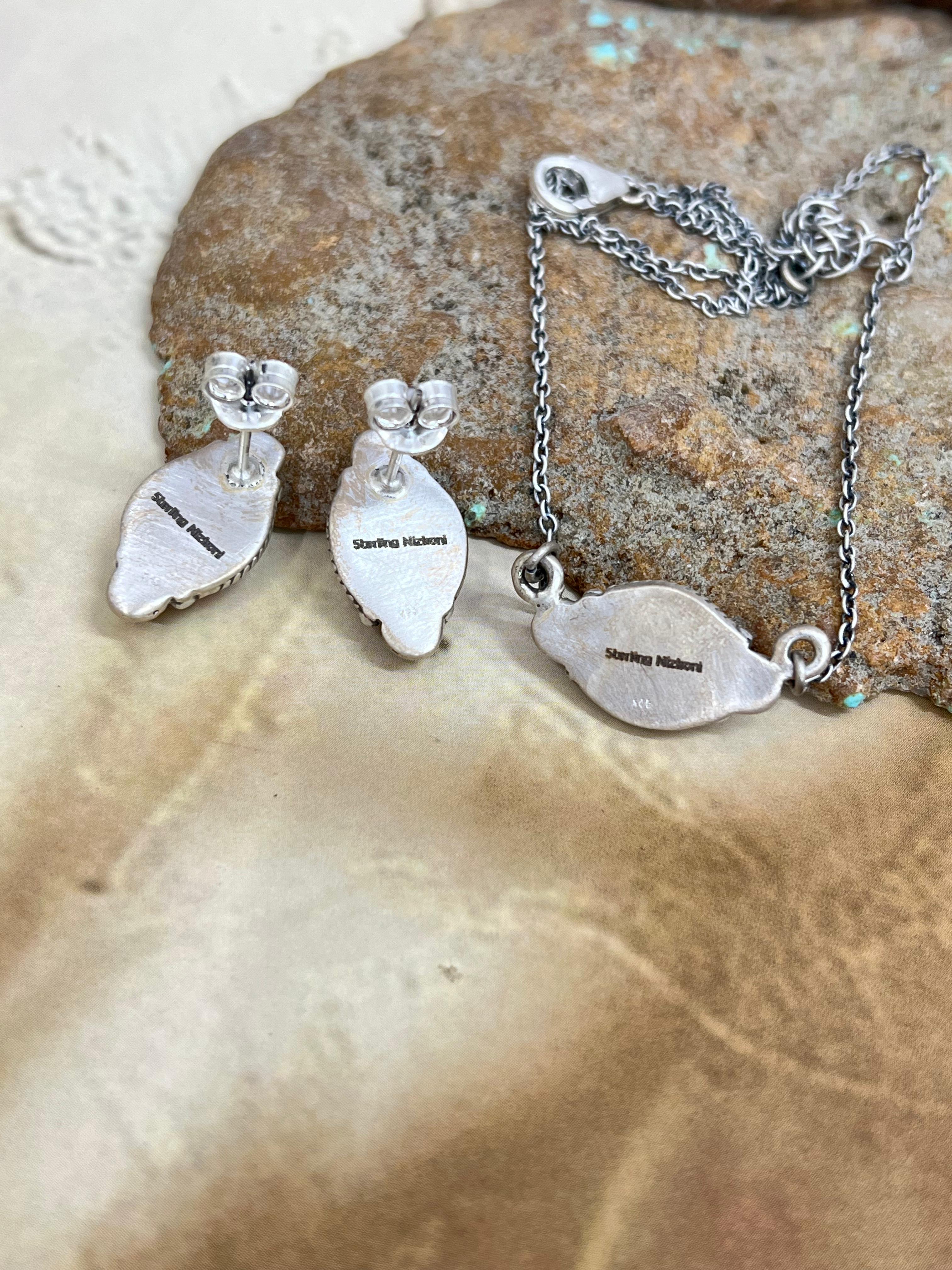 Handmade Sterling Silver Cotton Candy Turquoise Necklace Earrings Set, Signed Nizhoni