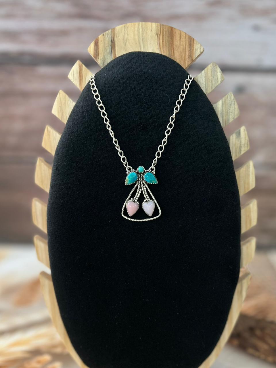 Handmade Sterling Silver Pink Opal with Kingman Turquoise Cherry Necklace "Signed Nizhoni"