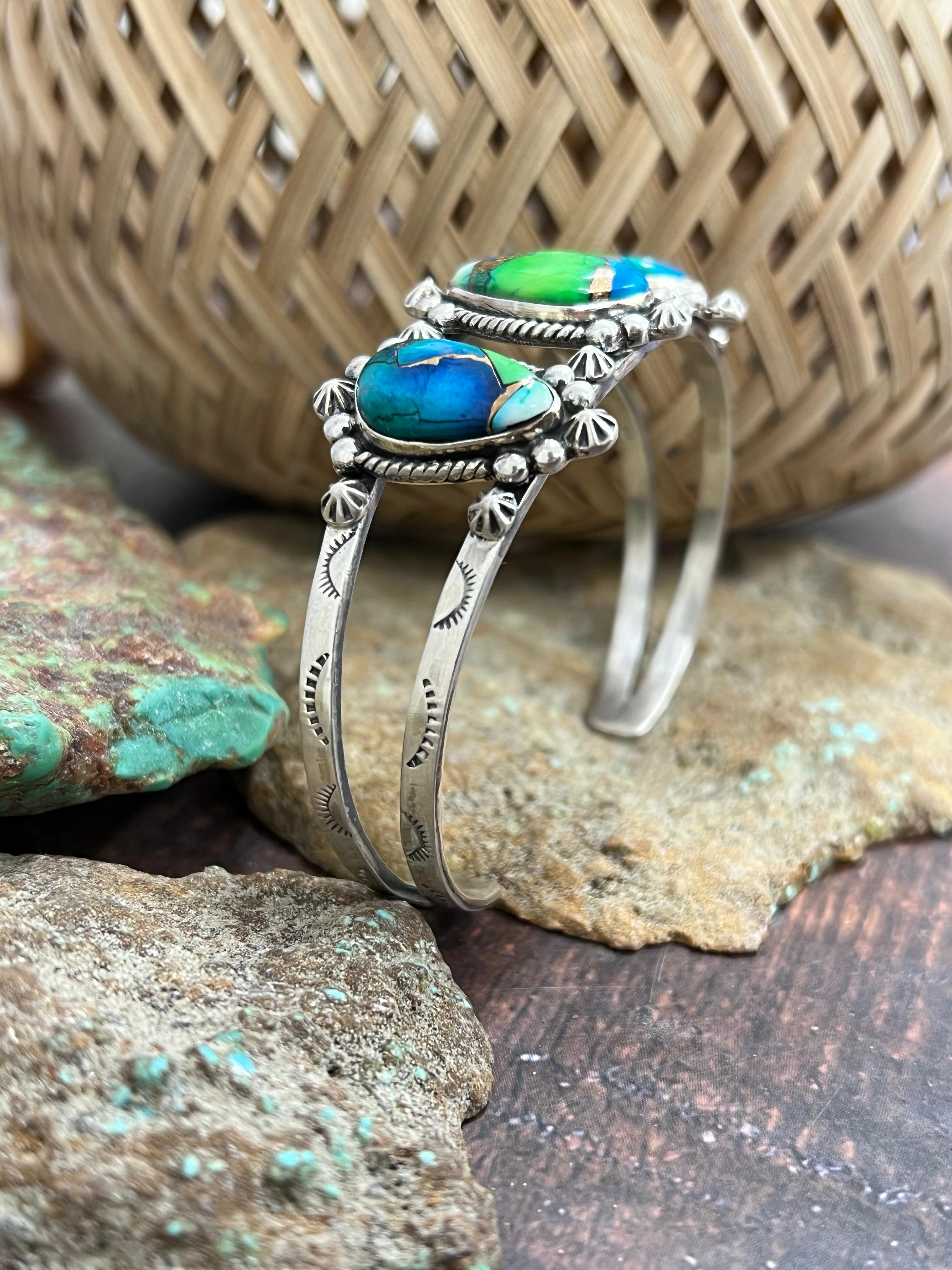 Handmade Sterling Silver Peacock Dahlia Cuff Bracelet with Signed Nizhoni