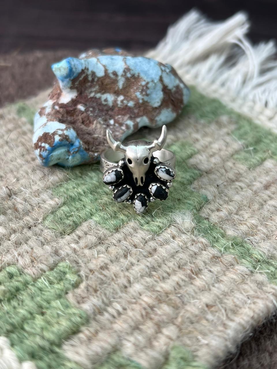 Handmade Sterling Silver White Buffalo Bull Adjustable Ring "Signed Nizhoni"