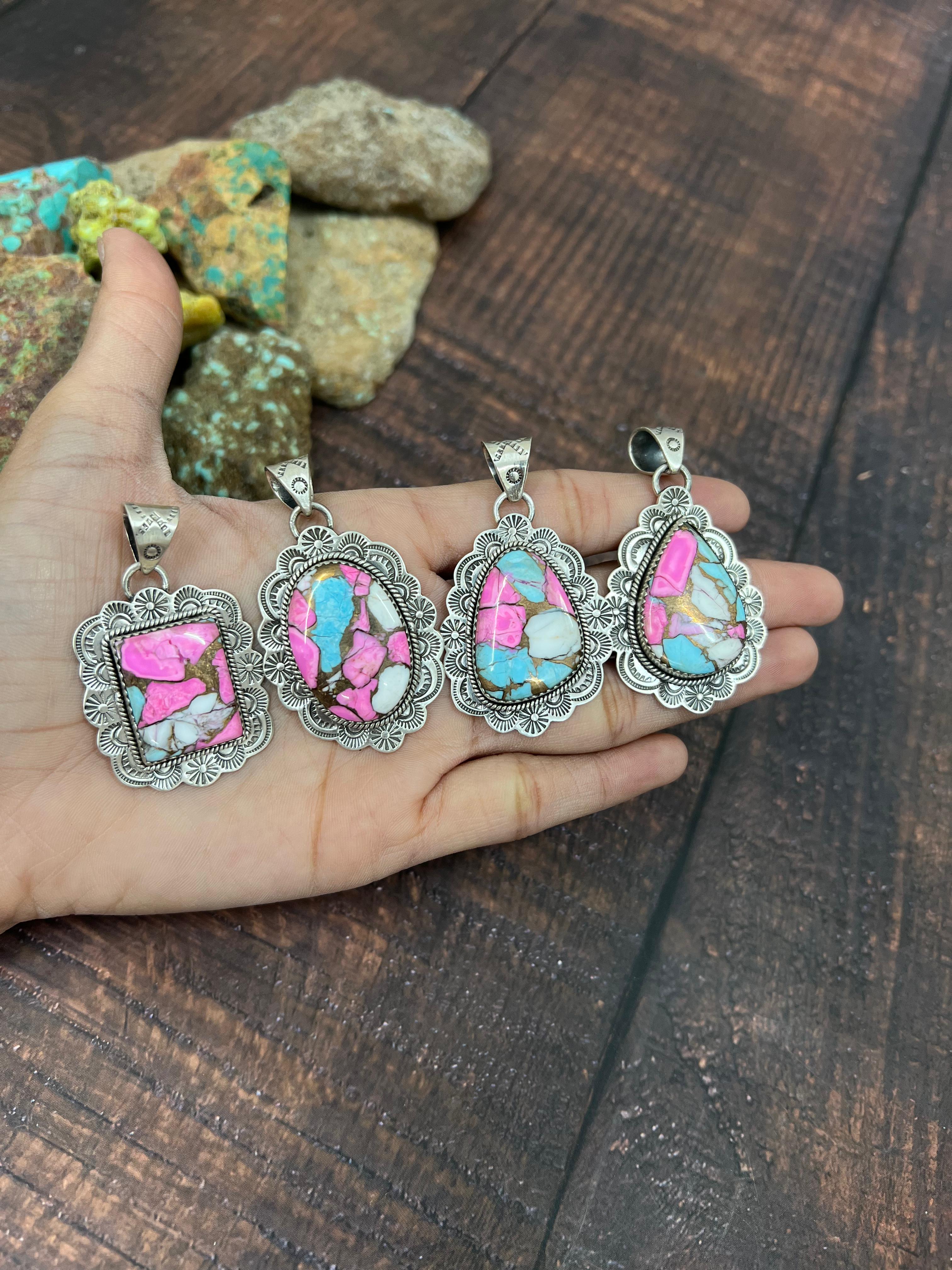 Handmade Sterling Silver Cotton Candy Turquoise Pendant with Signed Nizhoni