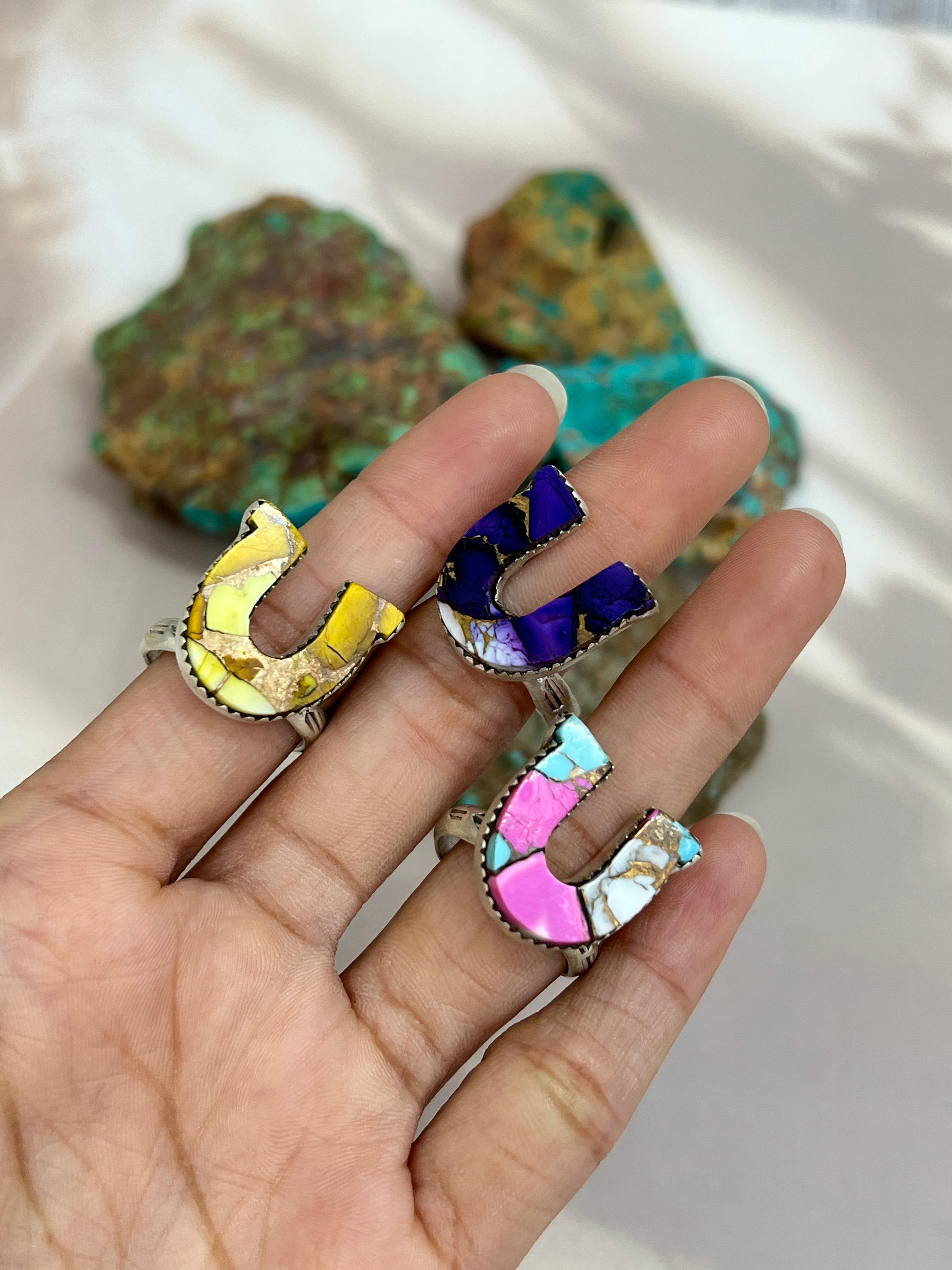 Handmade Horseshoe Sterling Silver Multistone Turquoise Adjustable Ring Signed Nizhoni