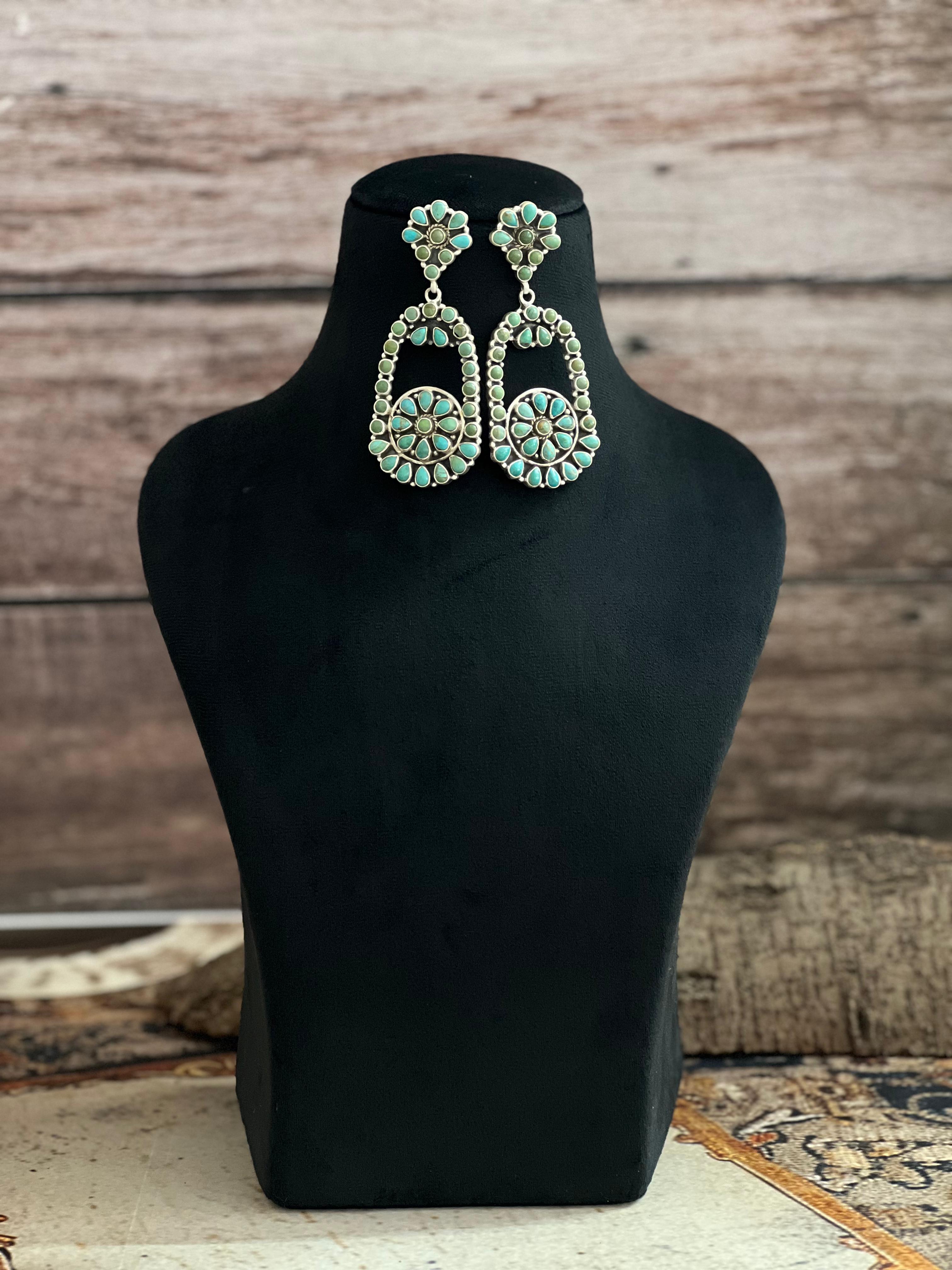 Handmade Sterling Silver Kingman Turquoise Post Dangle Earrings with Signed Nizhoni