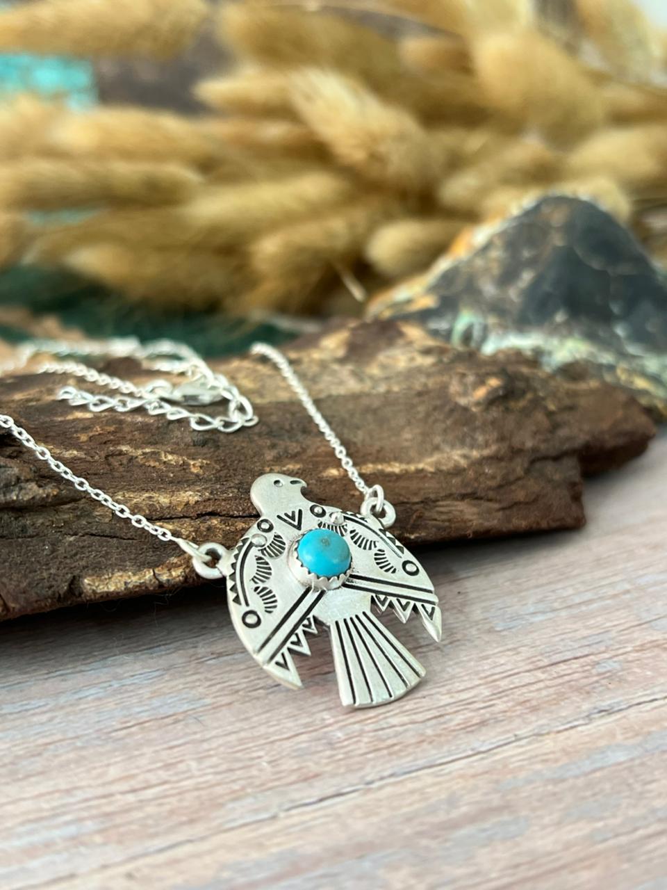 Handmade Sterling Silver Kingman Turquoise Thunder Bird Necklace "Signed Nizhoni"