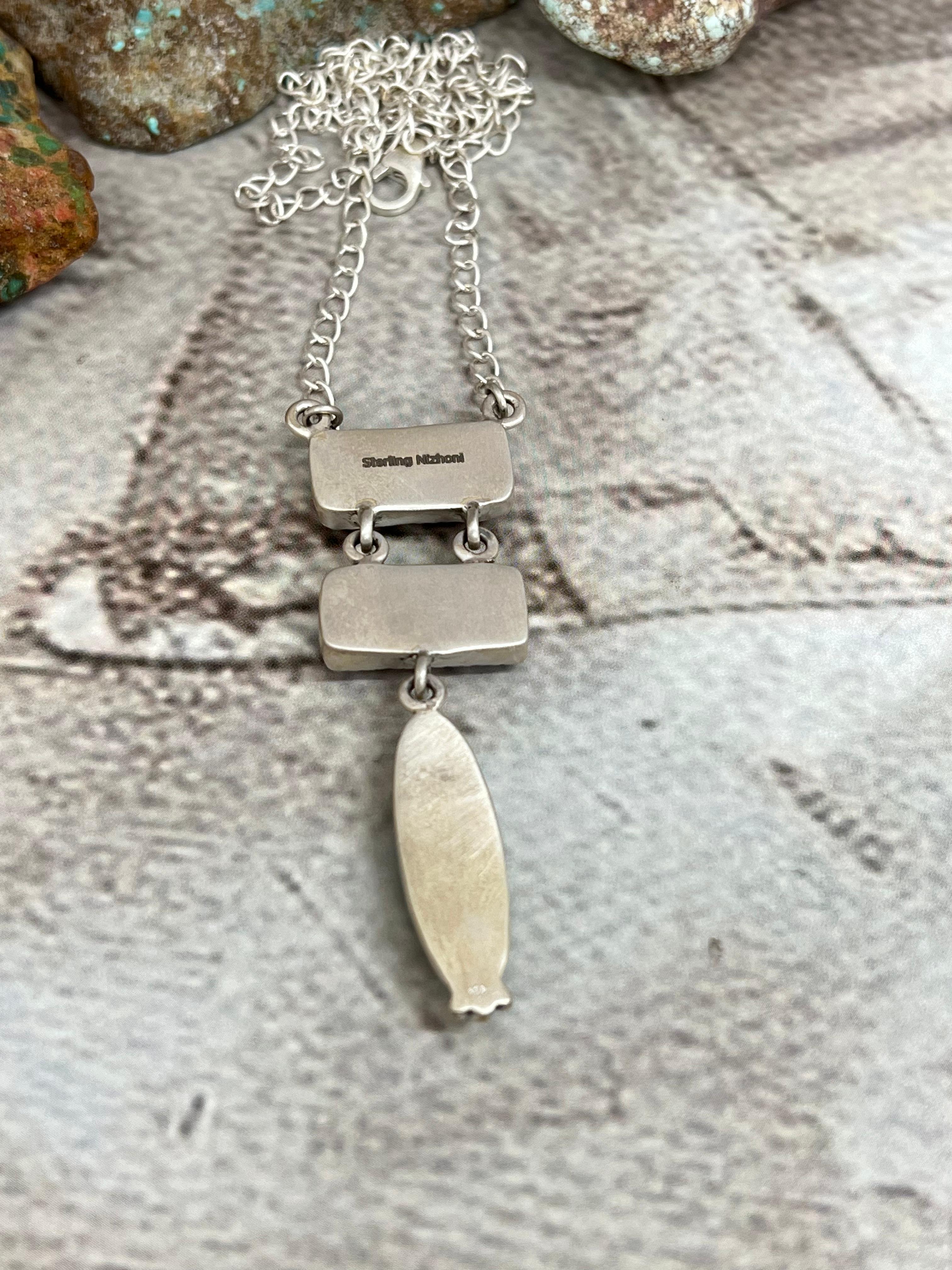 Handmade Sterling Silver Grape Dahlia Kingman Turquoise Necklace with Signed Nizhoni