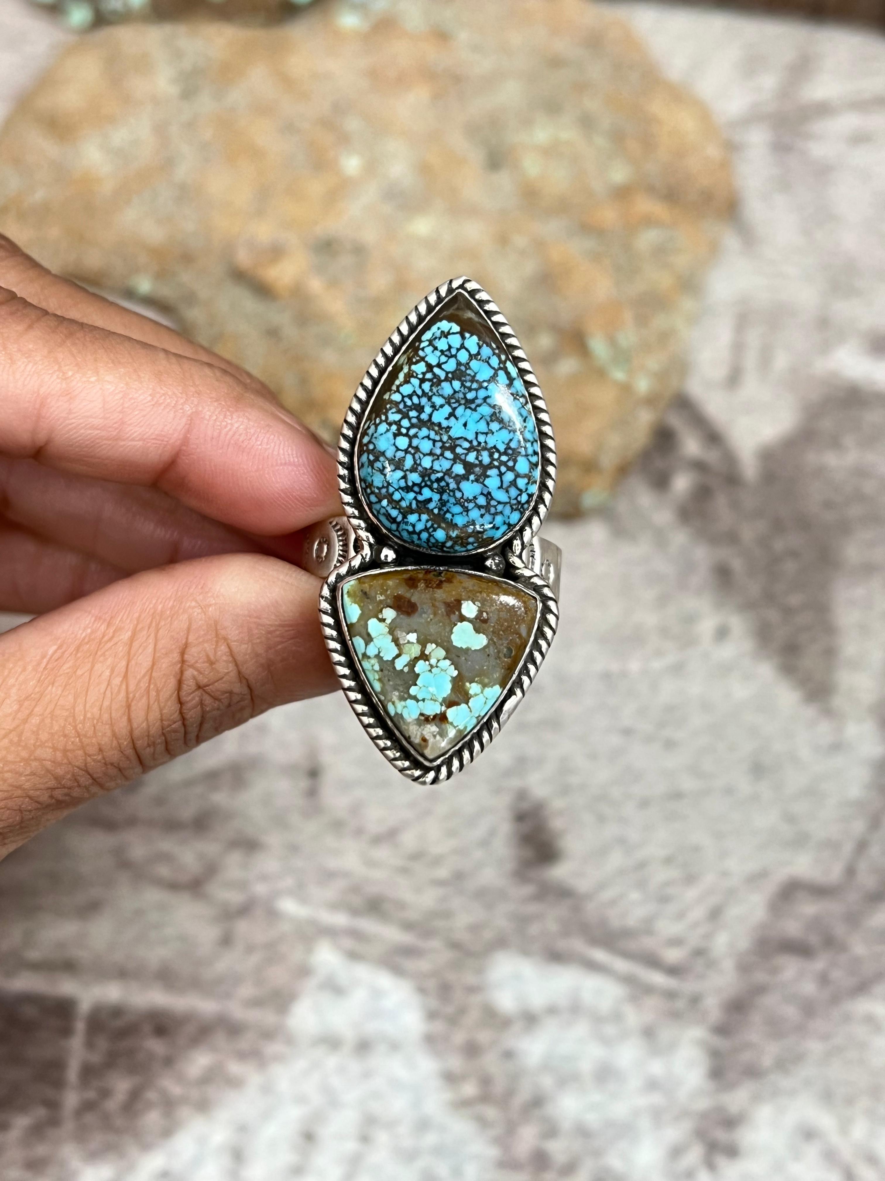Handmade Sterling Silver Number 8 Turquoise Adjustable Ring with Signed Nizhoni
