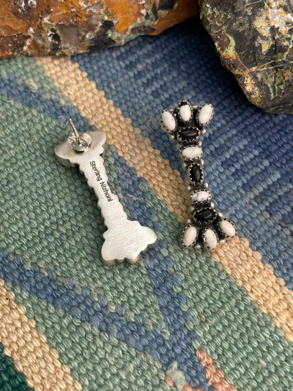 Handmade Sterling Silver White Buffalo Post Earrings "Signed Nizhoni"