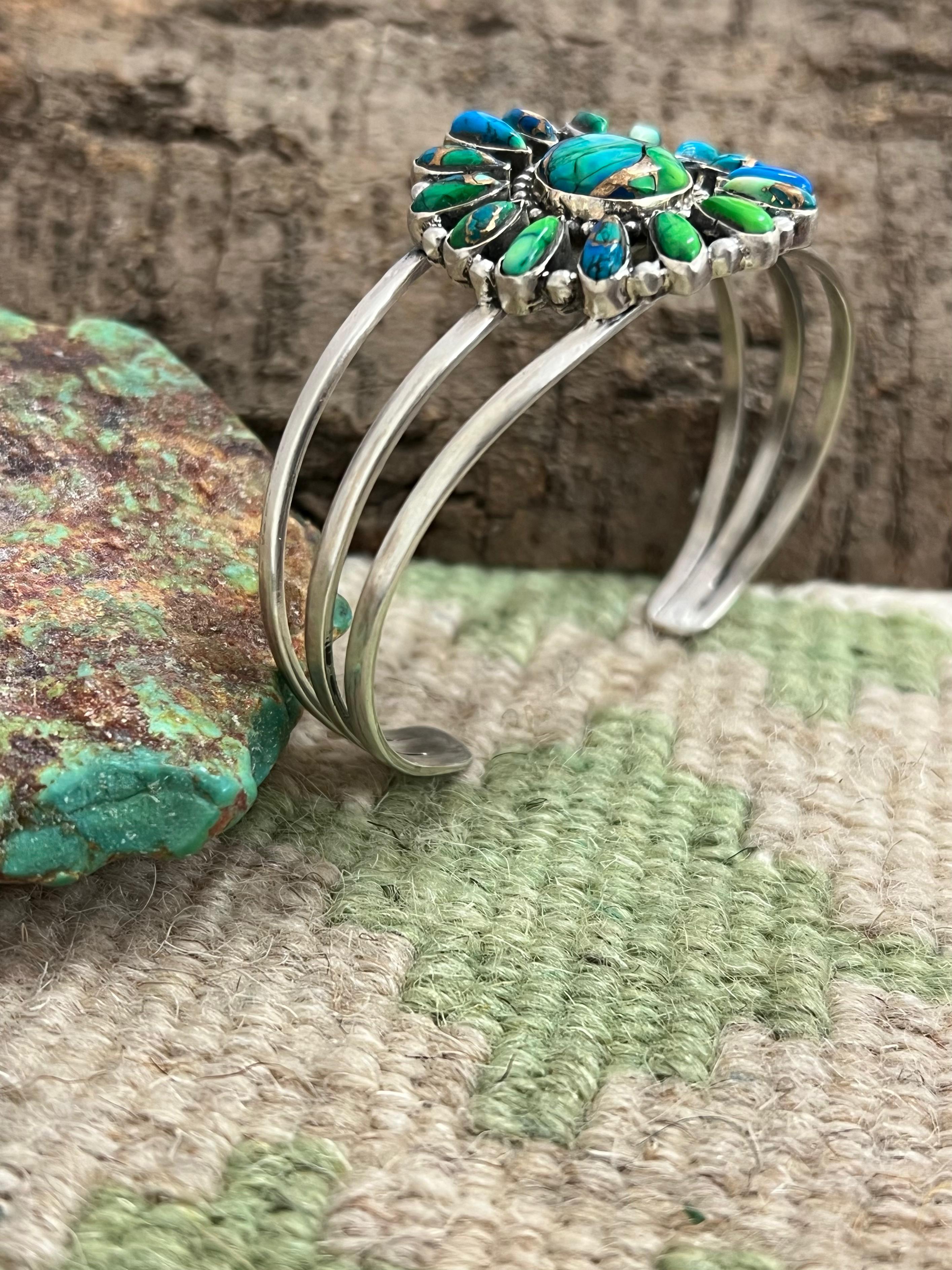 Handmade Sterling Silver Peacock Dahlia Cuff Bracelet with Signed Nizhoni