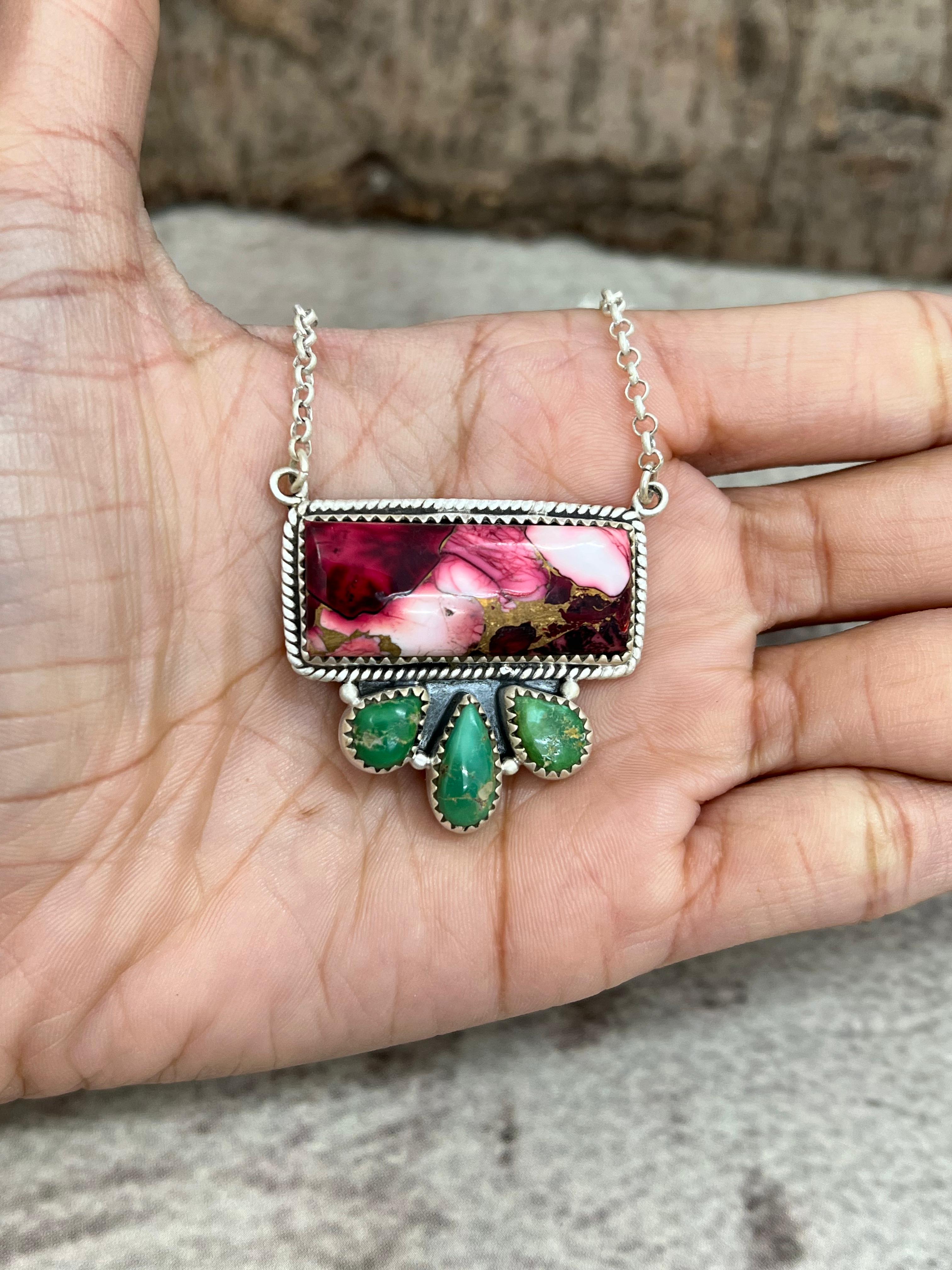 Handmade Sterling Silver Emerald Valley with Dahlia Rose Necklace, Signed Nizhoni