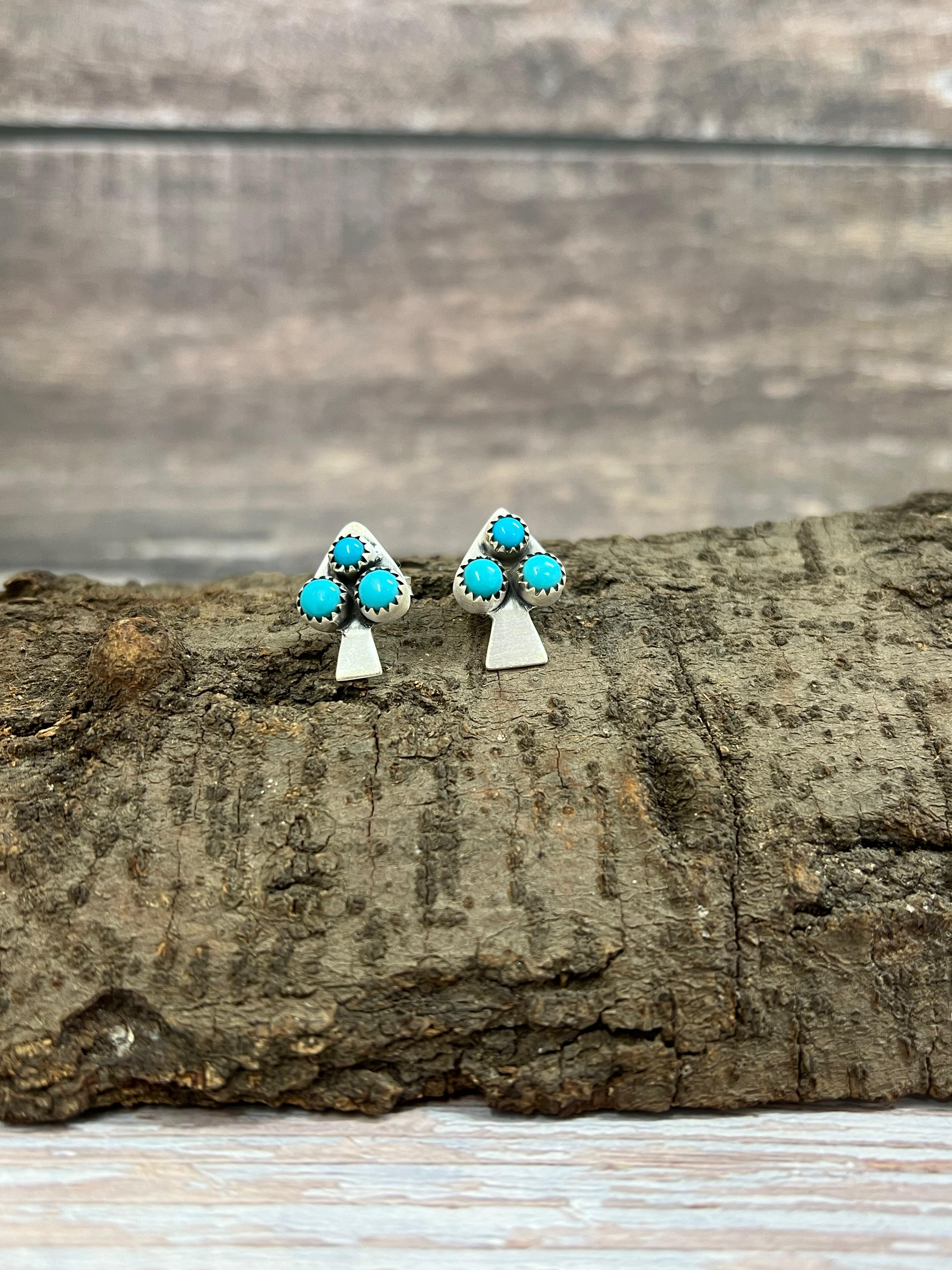 Handmade Sterling Silver Kingman Turquoise Post Earrings with Signed Nizhoni
